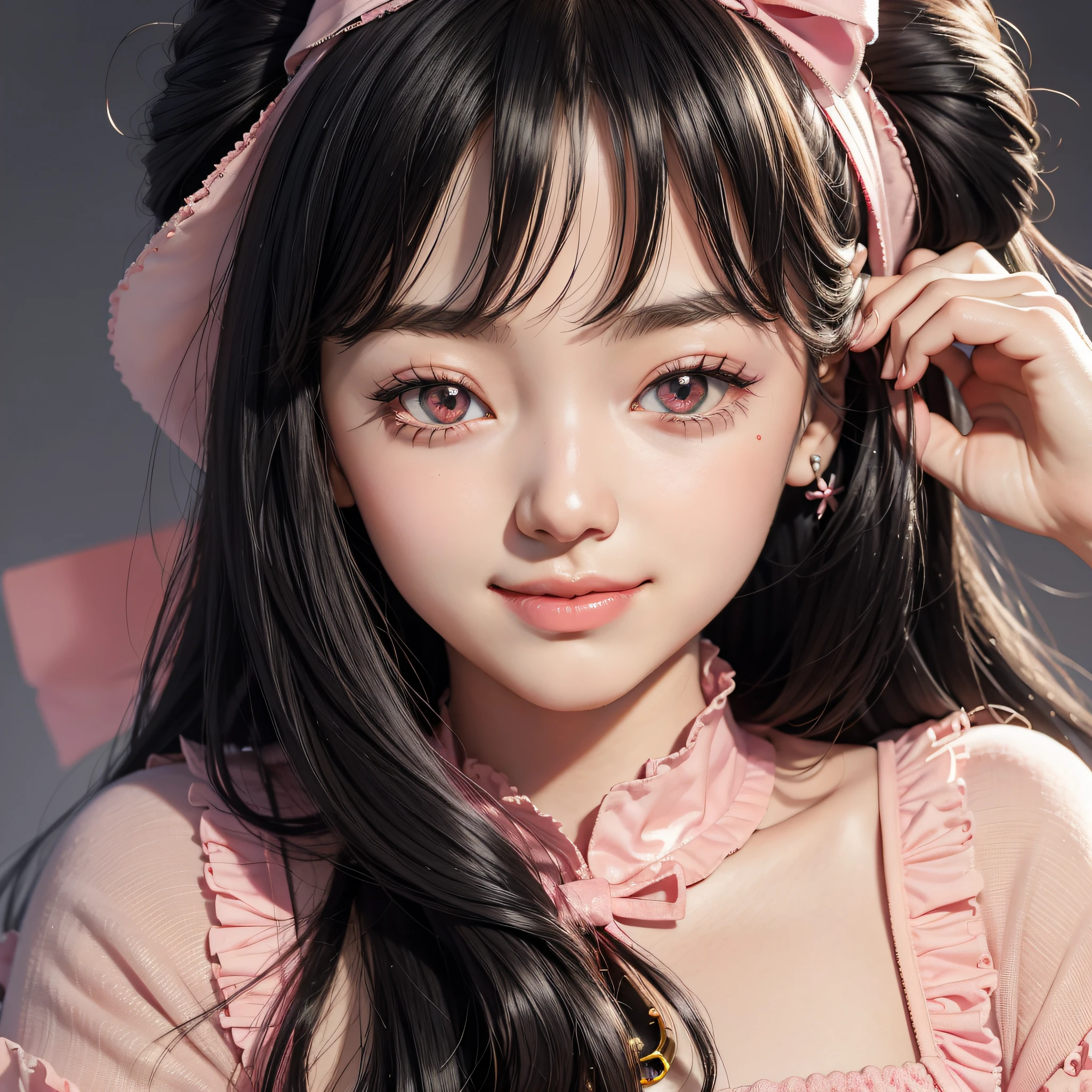 1970s anime qirl with black straight hair and pink big bow in Janpan manga style style,Big eyes, Smiling face,Animated GIF of a cold beauty,Strong close-up light red and black,Depictions of aristocracy are iconic pop culture references,UHDimage --AR 1:1 --niji 5
