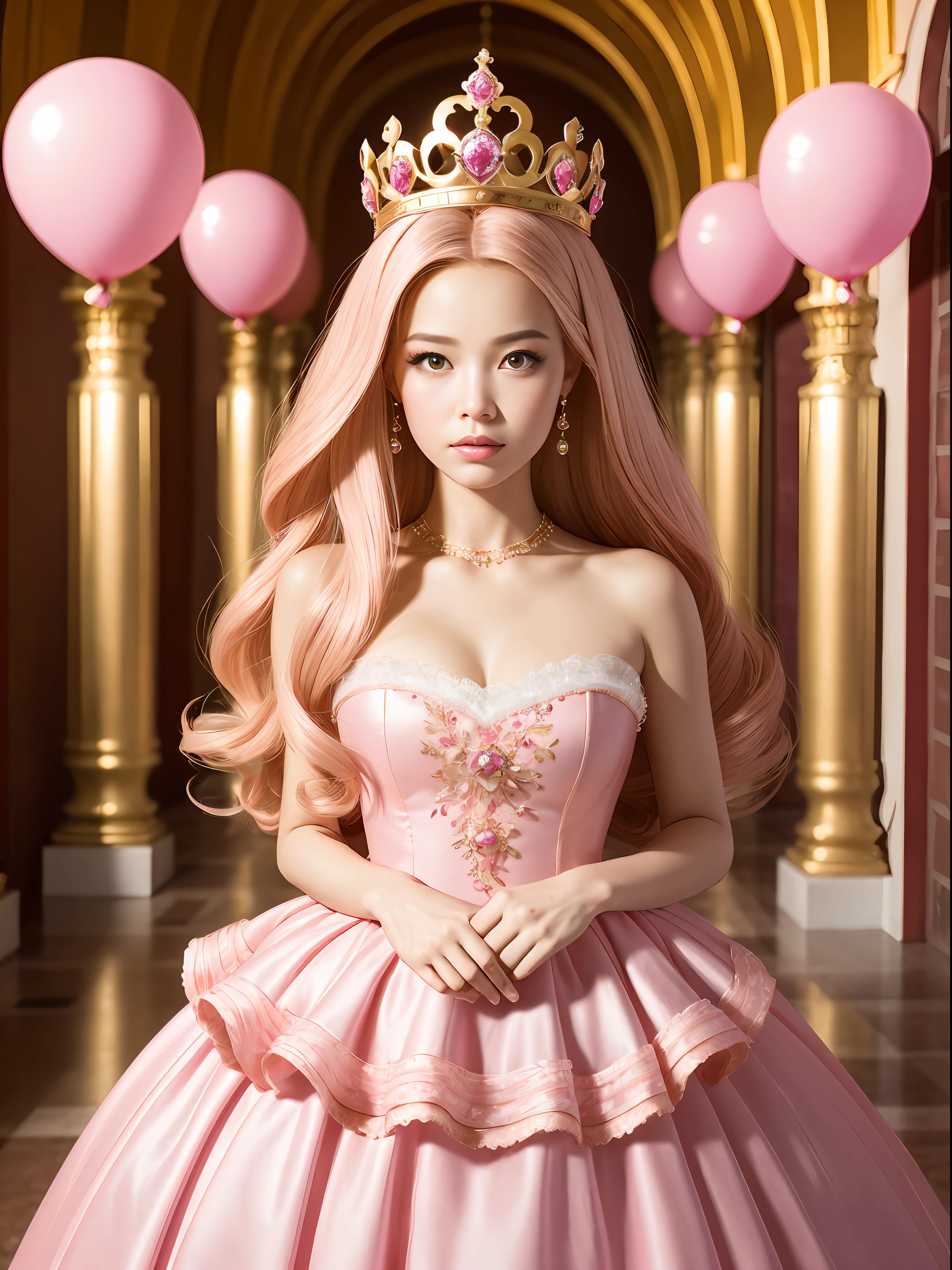 A Barbie princess wearing a lovely pink dress, wearing a beautiful crown, an indoor photography of a labyrinth of monumental, inflated pink balloons, an art installation by Martin Creed, ((Full body shot)), pink background, delicate face, white skin, delicate facial features, perfect facial features, delicate hair portrayal, delicate eyes portrayal, 8k picture quality, atmosphere sense, the highest quality, masterwork, extreme detail, high resolution, blurry foreground, foreshortening, high quality, Masterpiece, best quality