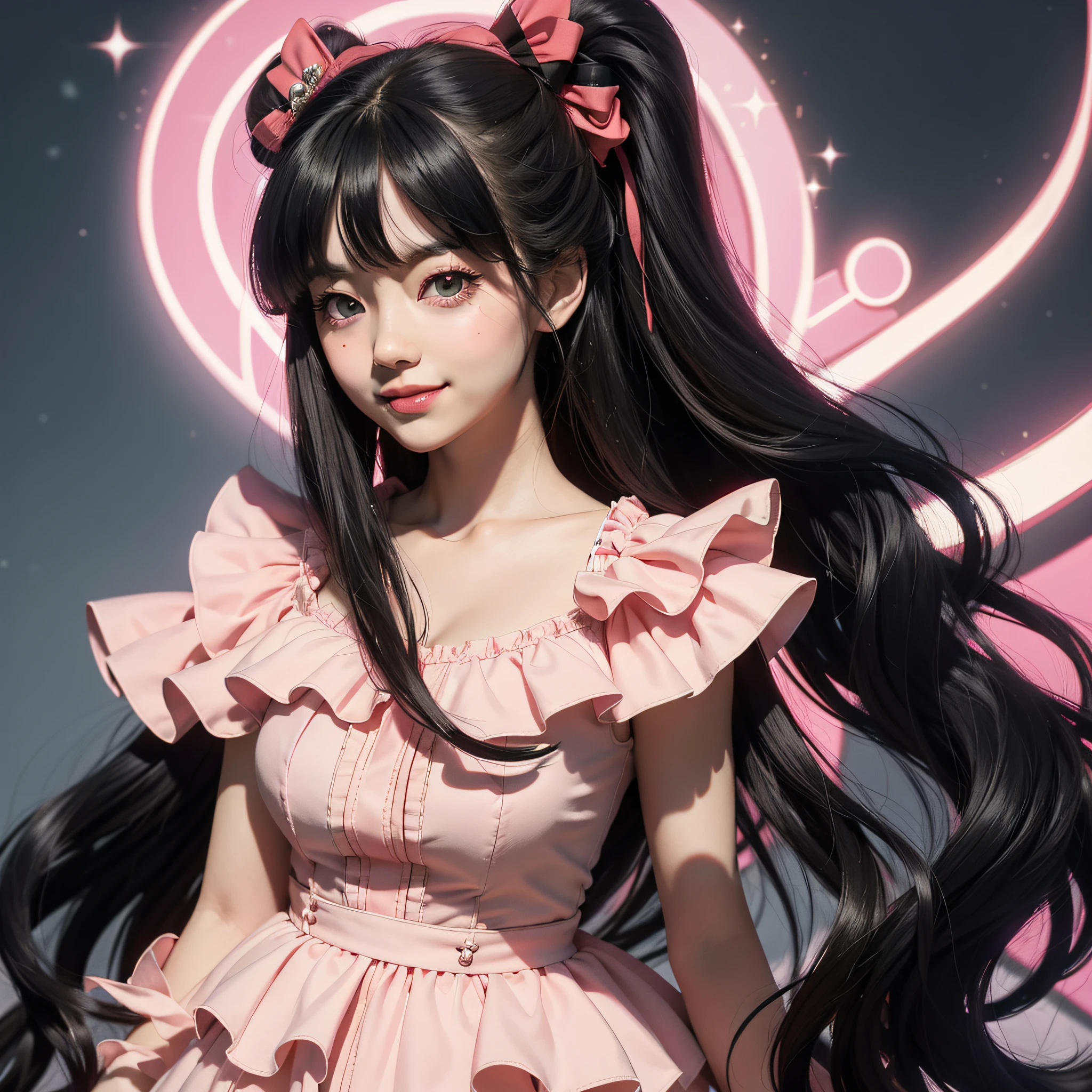1970s anime qirl with black straight hair and pink big bow in Janpan manga style style,Big eyes, Smiling face,Animated GIF of a cold beauty,Strong close-up light red and black,Depictions of aristocracy are iconic pop culture references,UHDimage --AR 1:1 --niji 5
