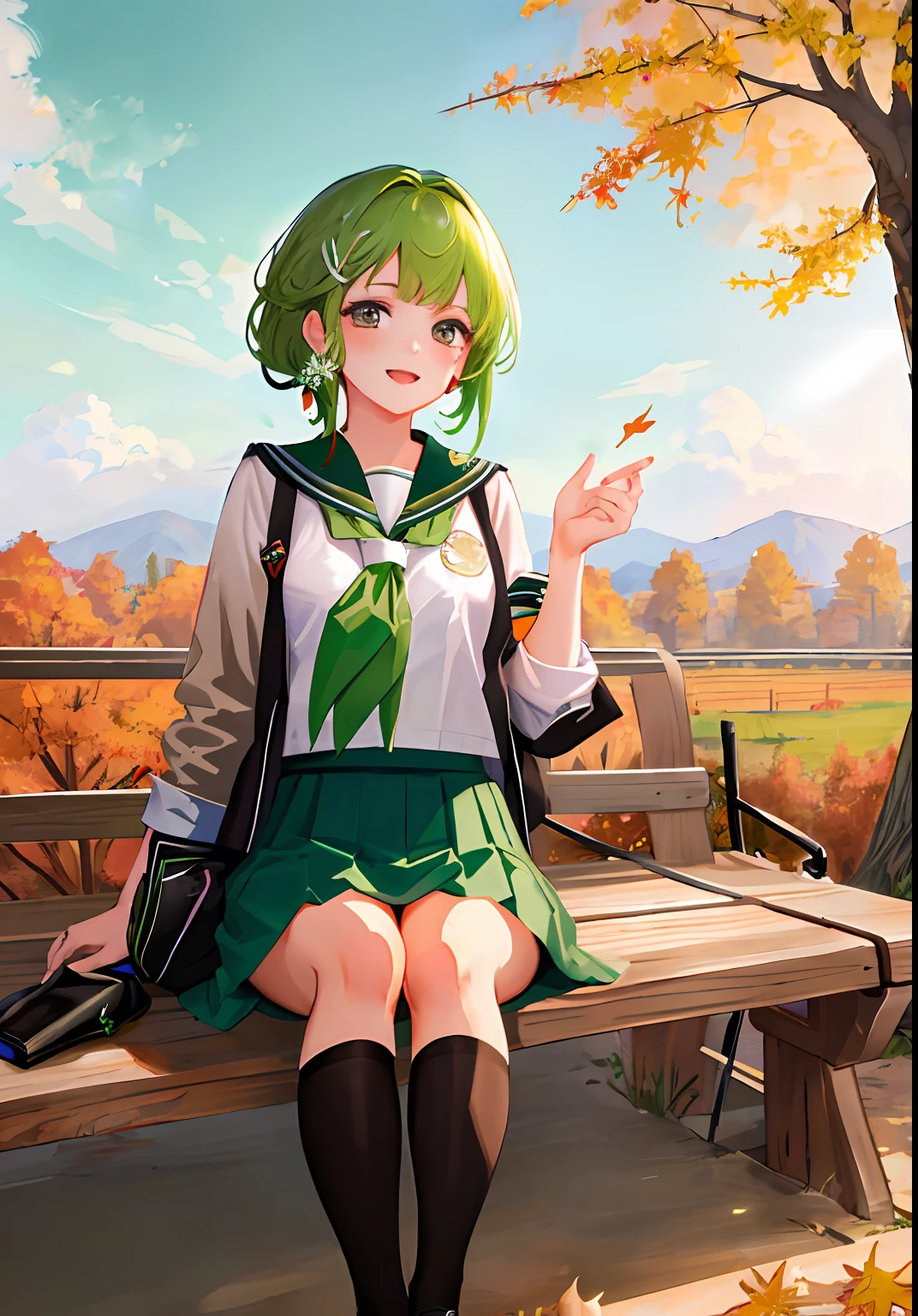 masterpiece,best quality,official art,extremely detailed CG unity 8k wallpaper,illustration,solo,1girl,bishojo,Bright, autumn, rural, green hair, black eyes, student uniforms, student shoes,