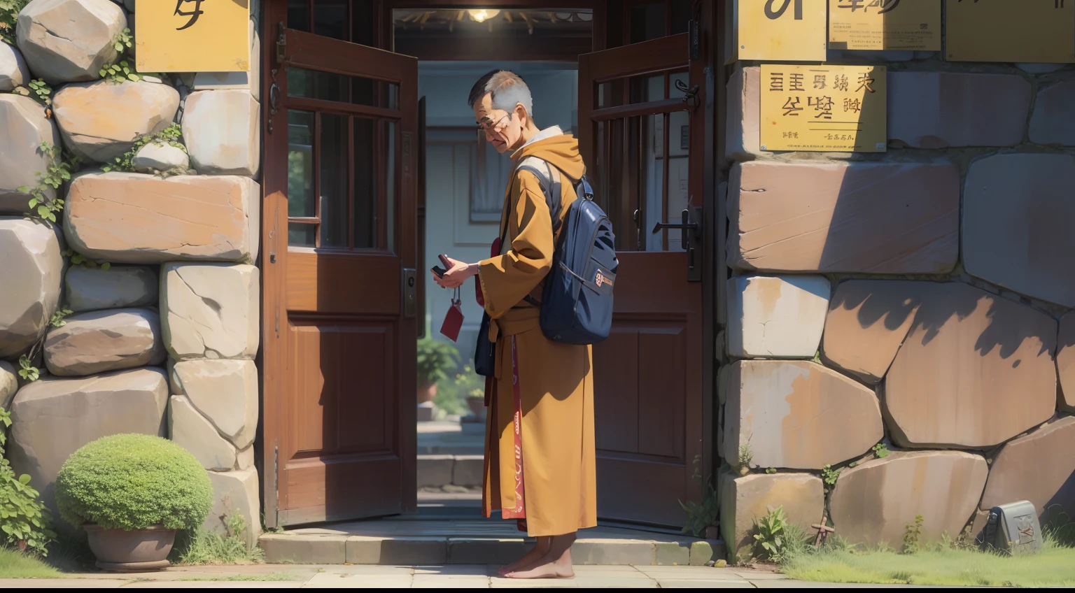 The son followed the monk's instructions,A charm was posted at the door of my father's house、Own doorstep、On the gate,And holding a charm in his hand。