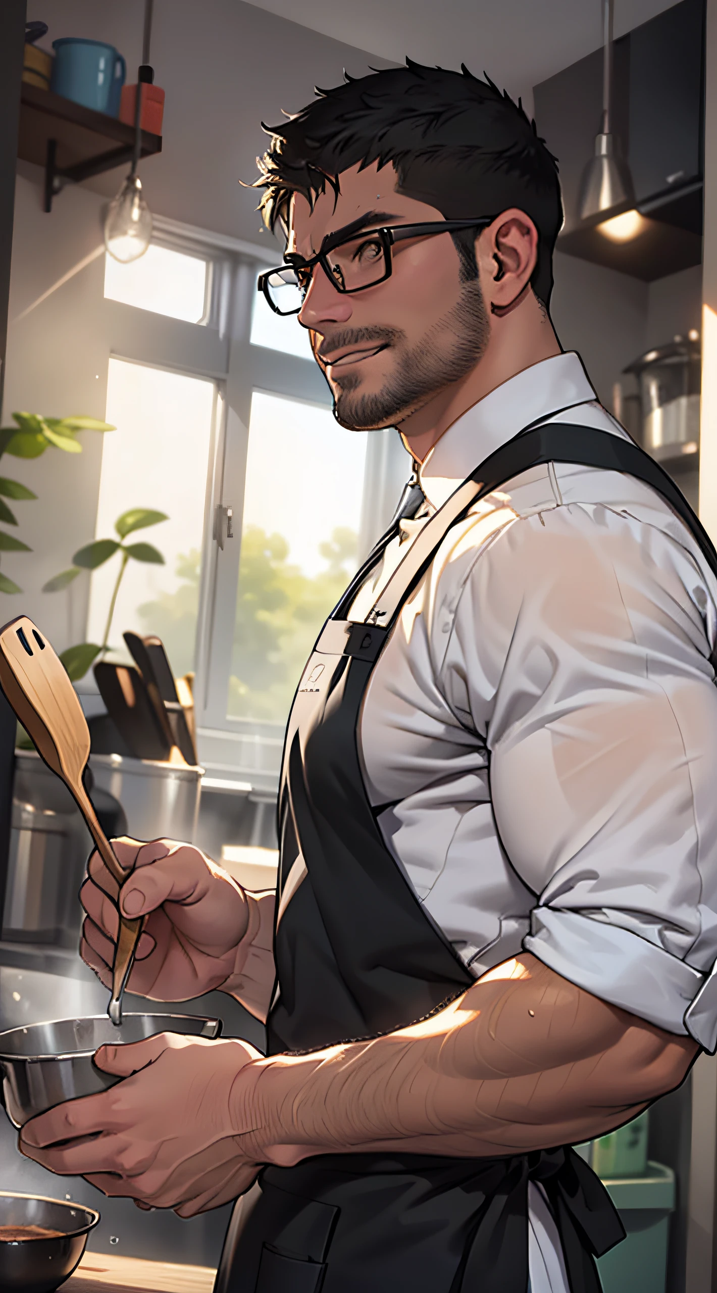 masterpiece, best quality, highres, upper body shot, ((wide angle)), zoom out, middle-aged man, macho, daddy, beefy, burly, hairy, manly, black hair, really tall, wearing glasses, white shirt, wearing black apron, cooking, apartment in the background, cheerful smile, morning, beams of sunlight, window in the background, shadows, incredible composition, HDR, volumetric lighting, aesthetic, seen from the side low camera angle