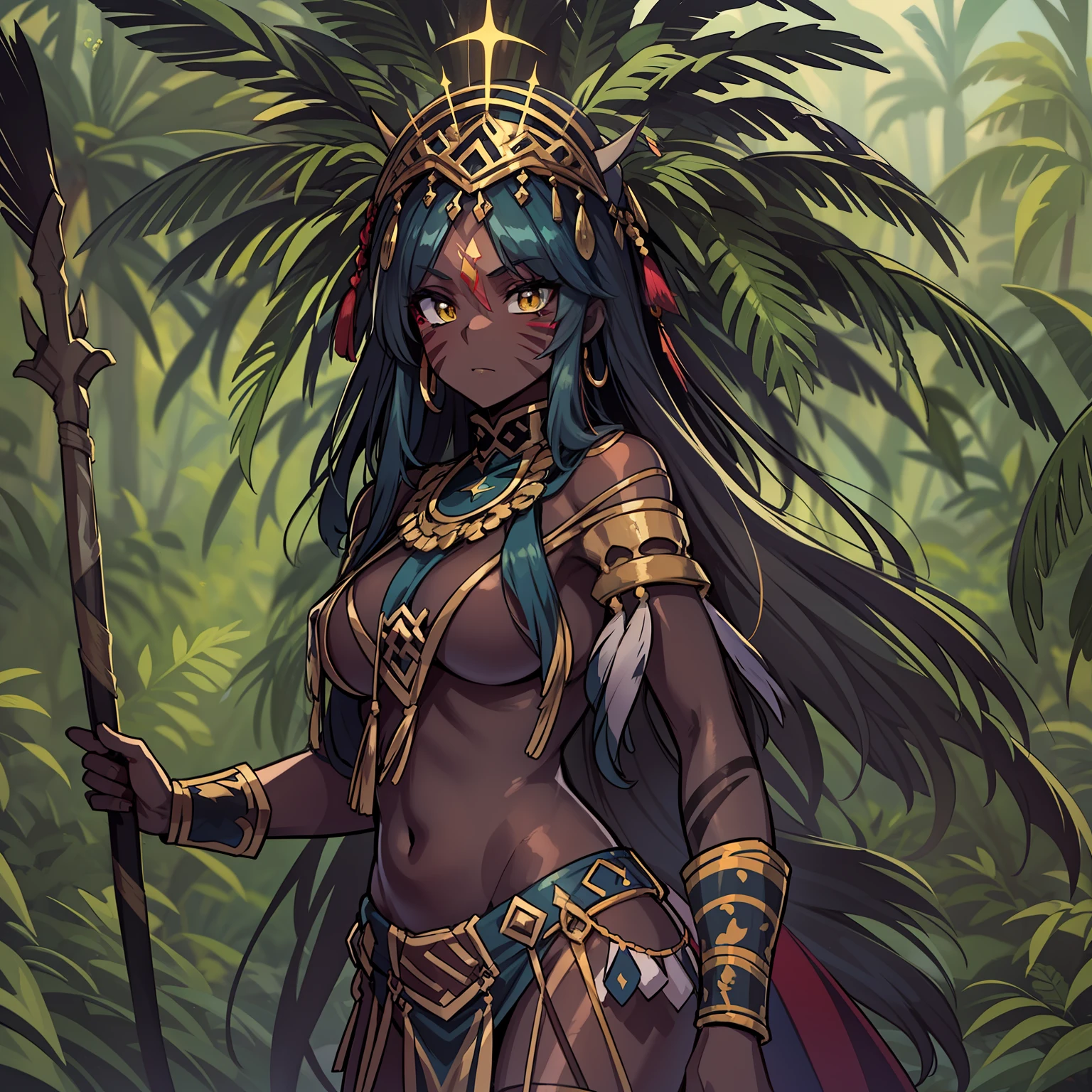 a 1girl, 独奏, The Idean, stands at the top of the pyramid, morning, Jungle, dark-skin, War paint on the face, War paint on the body, Horse eyes, feather headdress, Revealing clothes.