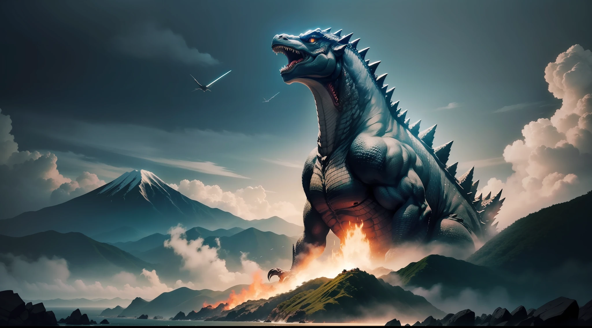 Godzilla like a dragon、Dignified, Dignified and sharp face、Dynamic、Dynamism、Fly over Yakushima、Photorealism Based Details Widget 1.3、Ultra-detailed depiction、Cinematic shots with HDR effect、Vignette and center screen、Generate in automatic mode