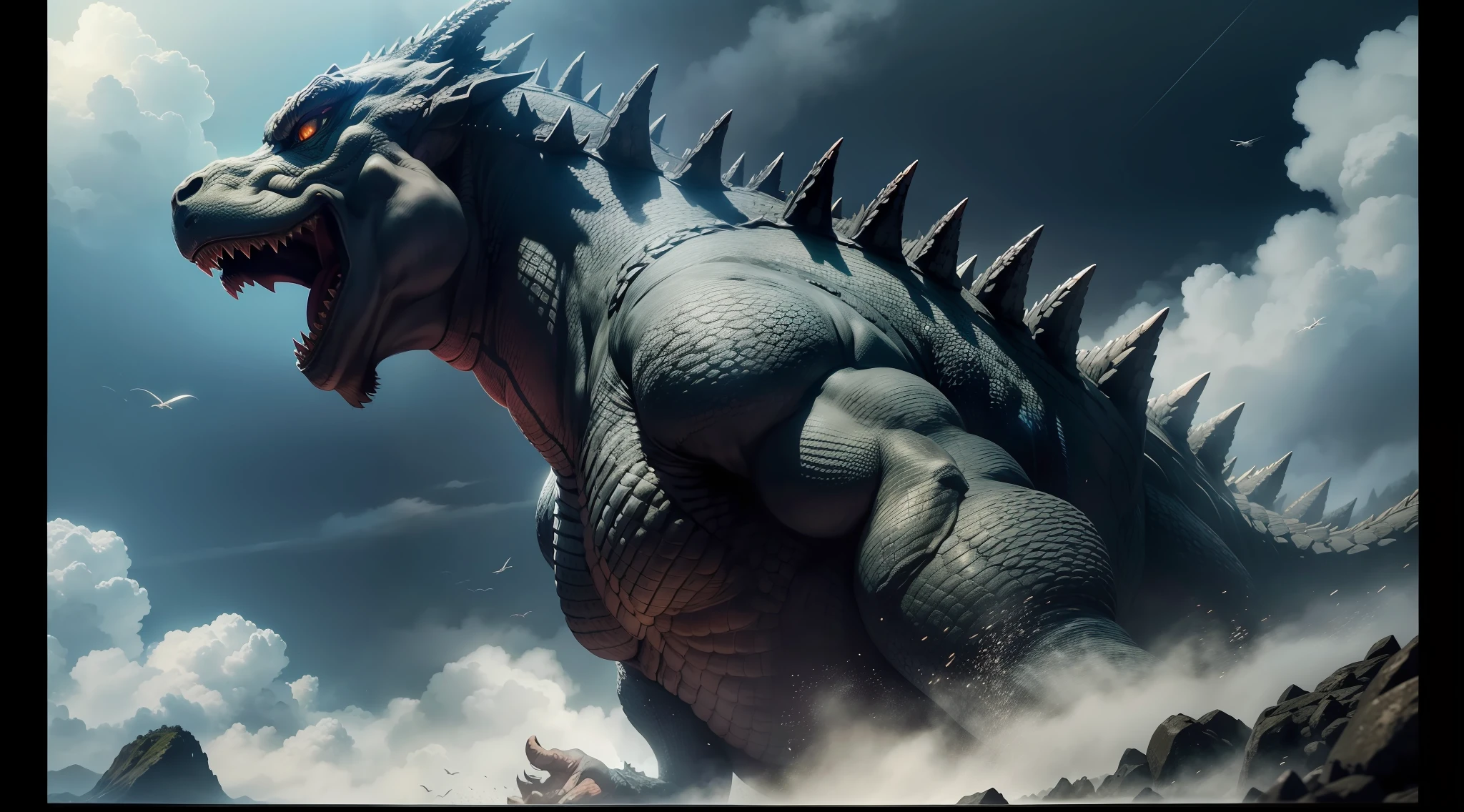 Godzilla like a dragon、Dignified, Dignified and sharp face、Dynamic、Dynamism、Fly over Yakushima、Photorealism Based Details Widget 1.3、Ultra-detailed depiction、Cinematic shots with HDR effect、Vignette and center screen、Generate in automatic mode