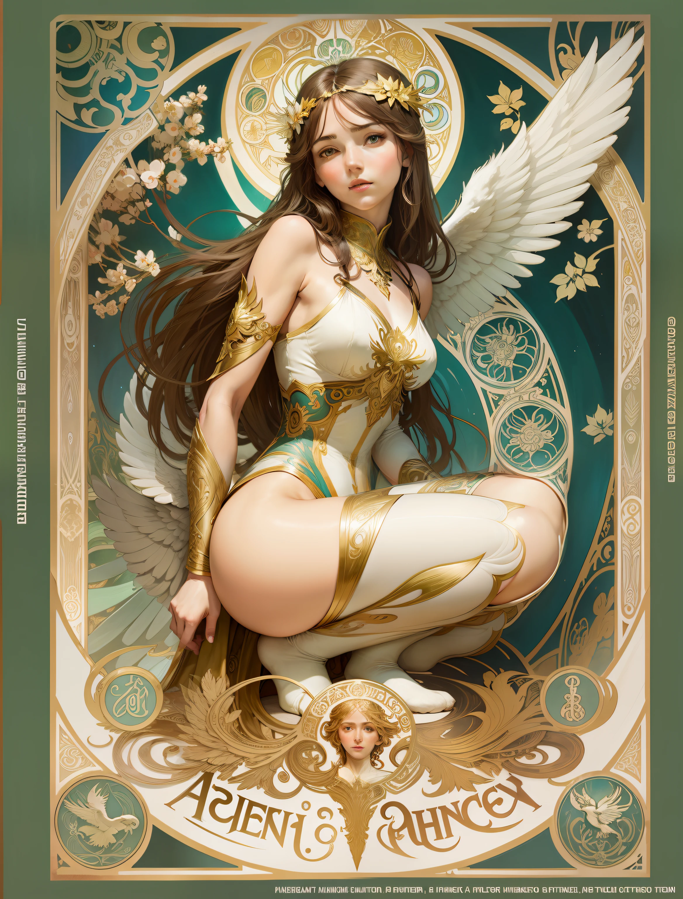 Rear squatting view of full body head to toe angel woman facing the camera Phoenix art nouveau style with a stroke by Alfons Mucha