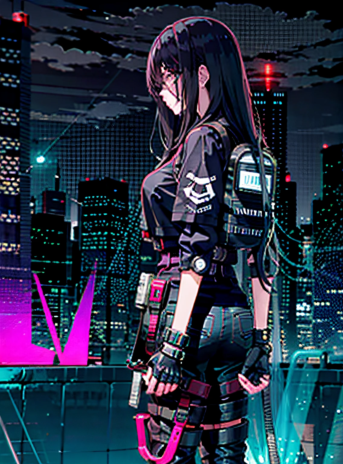 best quality:1.4, cyberpunk, mechanical parts, cyberpunk, neon lights, city, 1girl,