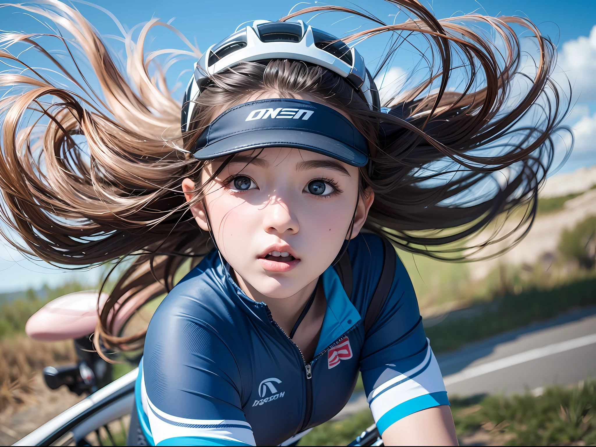 8K、Top image quality、​masterpiece、、1little girl、Cycling Wear、(Close one eye:1.5)、blue-sky、Ride a bike and feel the wind、Expressing the speed and dynamism of a bicycle