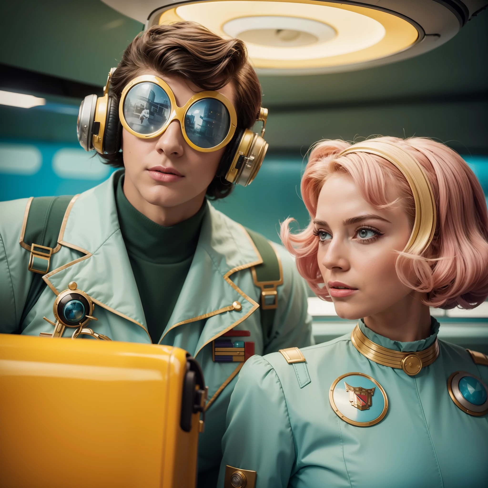 4k image from a 1960s science fiction film by Wes Anderson, Filme O Grande Hotel Budapeste, pastels colors, A man and two women in the background wearing retrofuturistic alien masks and holding colorful suitcases and chests on the bus, Retro-futuristic fashion clothes from the 60s with old robots, Luz Natural, Psicodelia, futurista estranho, retro-futurista, photo-realistic, Sharp background details.