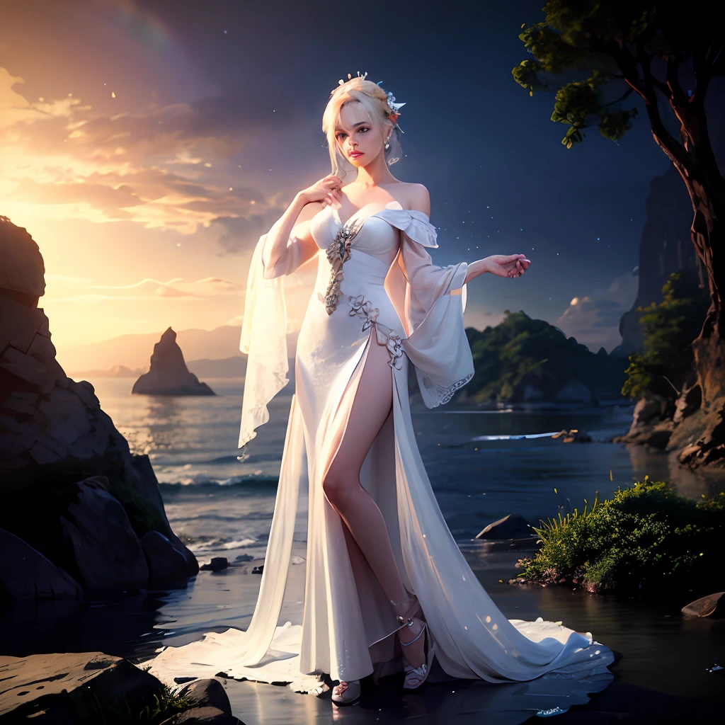 You are challenged to create a realistic image of a shell on the edge of the sea, on a beautiful beach with a lush landscape. The shell is white in color with a soft sheen and contains a delicate pearl inside. The crystal clear sea water is gently touching the shell, enveloping it with white foams and small drops of water. The sun is setting on the horizon, painting the sky with orange and gold hues, while its reflections shine on the surface of the sea. The beach is composed of fine, clear sand, decorated with shells and small waves crumbling into the sand. The surrounding landscape is lush, with coconut trees, tropical plants and distant mountains. Create an image that captures the serenity, natural beauty and harmony between the shell, the pearl, the sea and the beach, in a magical scene in the late afternoon." --auto --s2