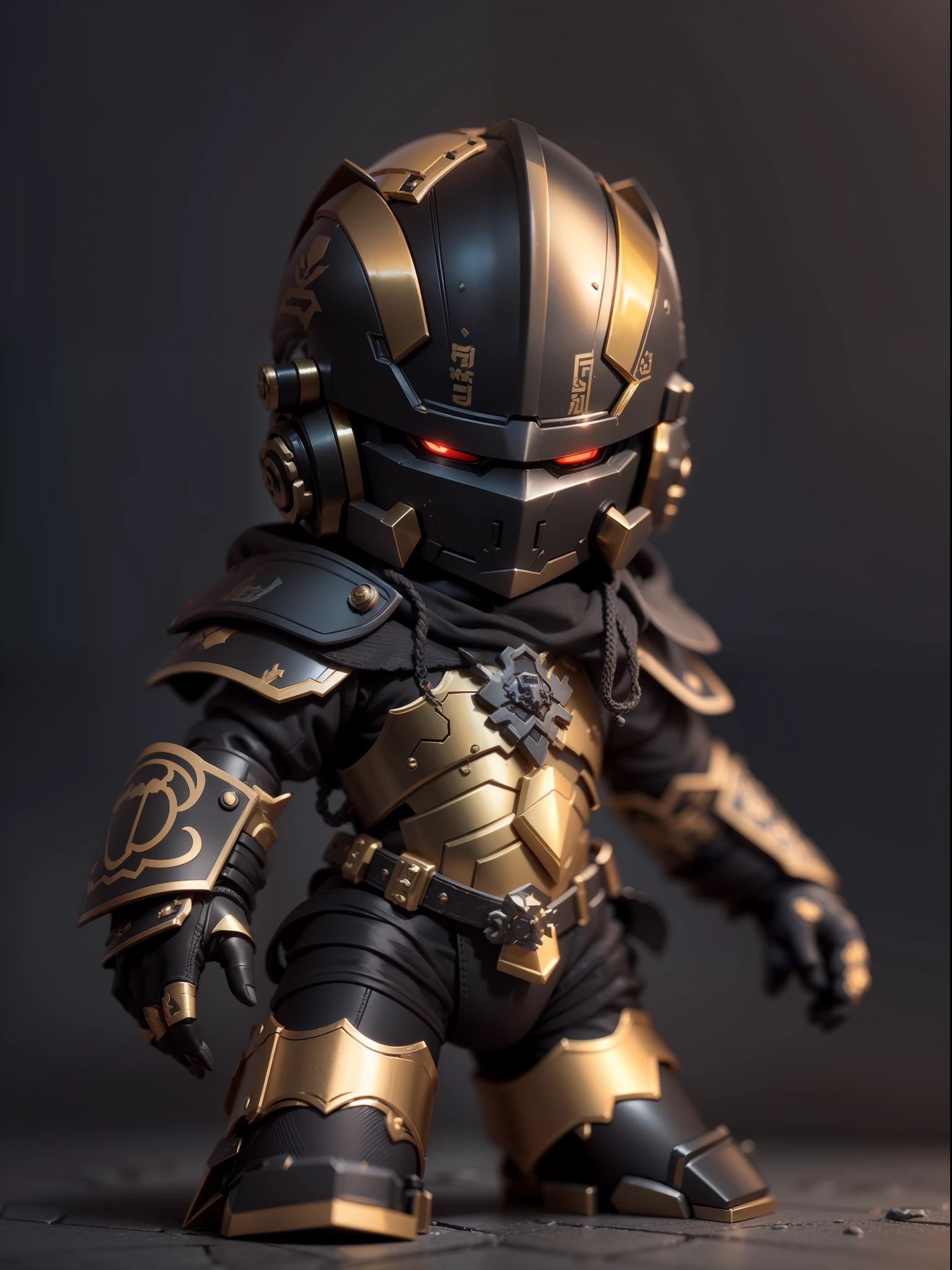 (blind box toy style:1.2), (Full Body Shot) , 1 metal cute Barbarians ,Metal armor, Battle damage Helmet:1.2,  China-style, Dreamy Glow, dirty, black background, Black gold style( Global illumination, raytracing, HDR, unreal render,reasonable design, high detailed, masterpiece, best quality, UHD, Cinematic Lighting)