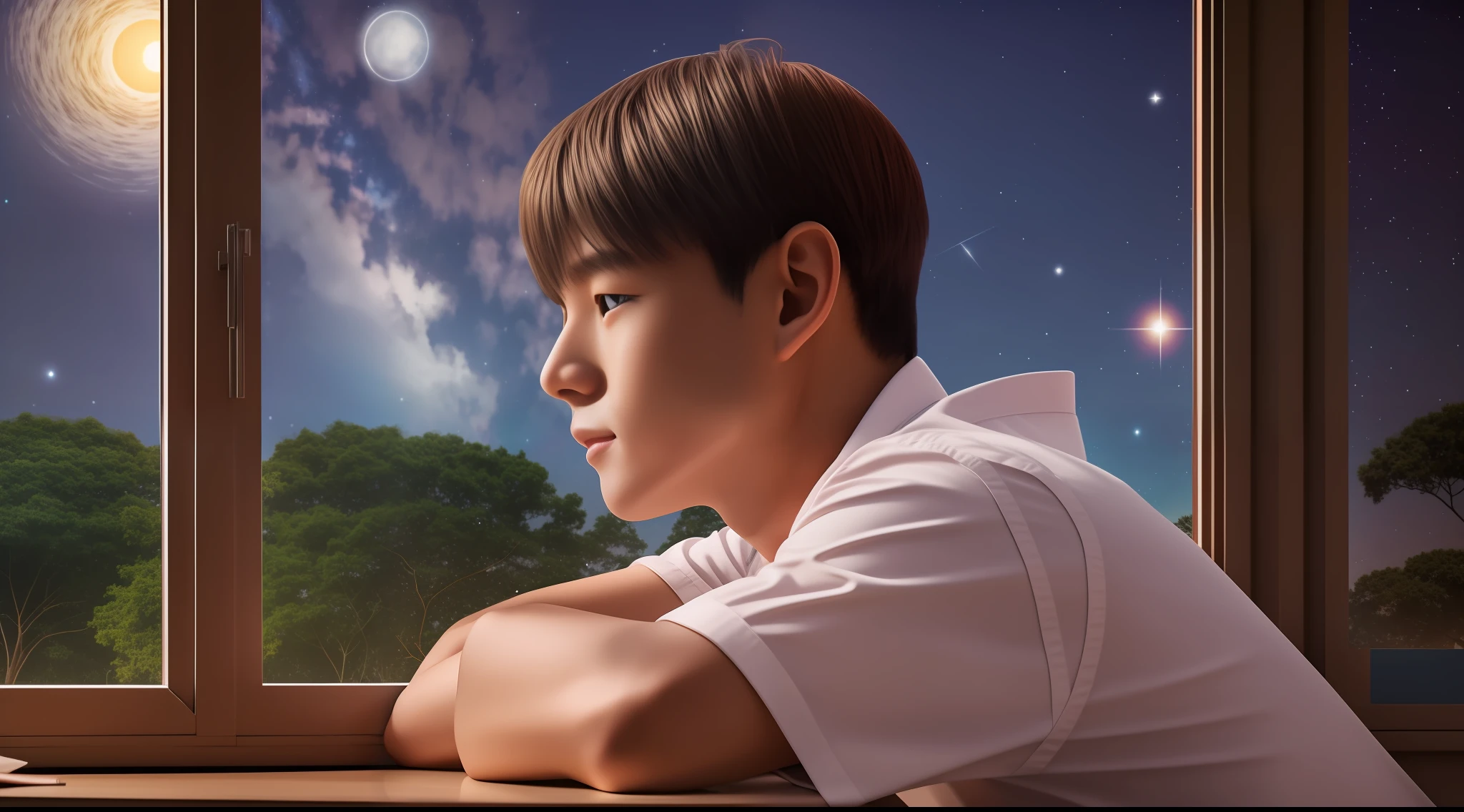 youngman sitting at the classroom window,staring at the night sky,clear sky,starry night,8k,RAW,photo realistic