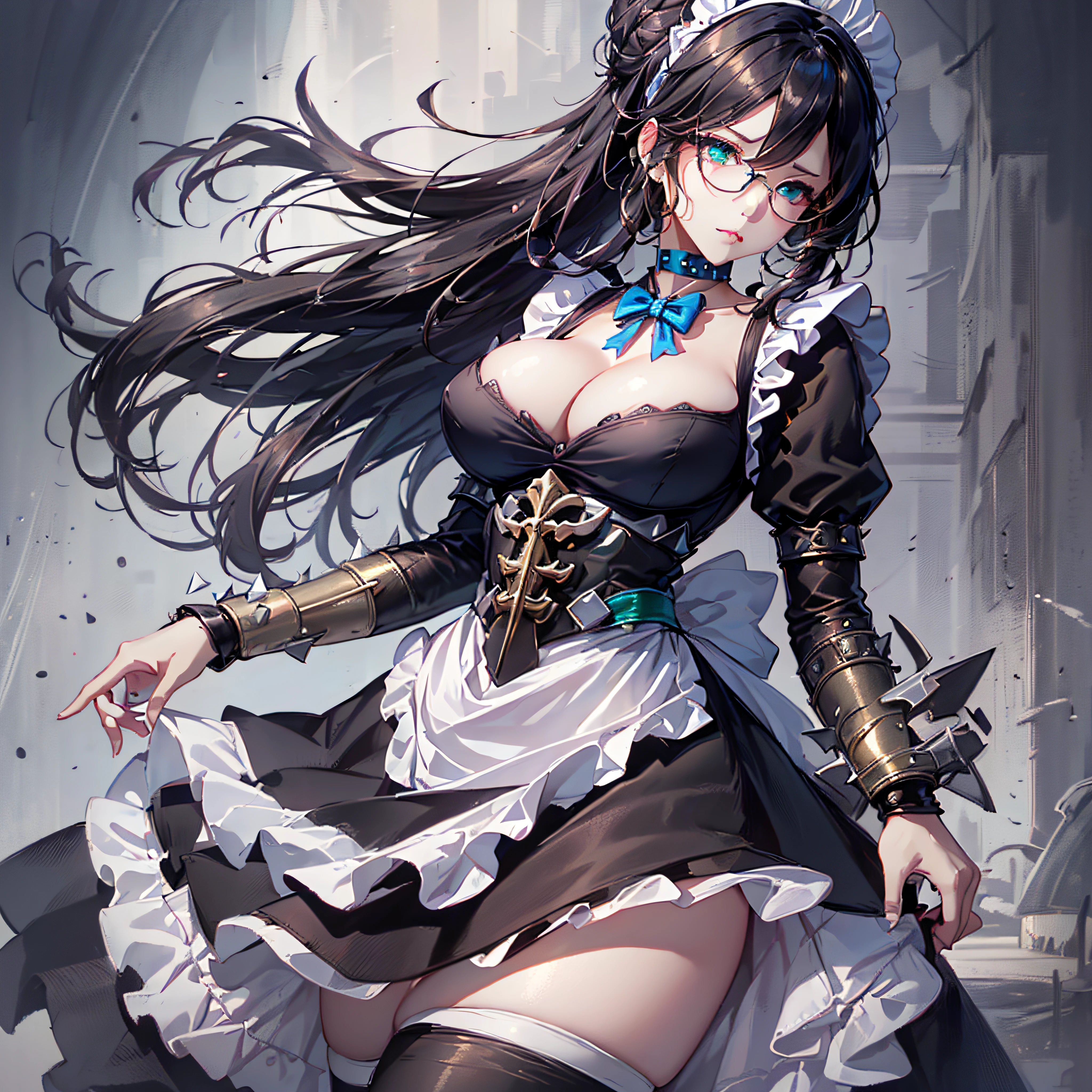 (1girl, yuri alpha:1.0), (anime overlord), (solo:1.4), (Maid_Dress), (64k, UHD, Raw photo, highes, Best Quality, mastepiece:2.0), (Ultra-fine depiction of details:3.0), (a serious, loyal, hard-working maid head, the vice-captain of the "Pleiades Six Stars", the battle maid squad of the Great Tomb of Nazarick), (a beautiful woman with an intelligent look), black hair, (elegant, vivid blue bowtie, ribbon:1.3), (green wristband), (She is equipped with highly elaborately designed, dark emerald green spiky gauntlets:1.5), (perfect face, perfect body, perfect figure, pink lips, slight blush), (cool, intellectual glasses), (slightly glowing blue eyes:1.3), (shiny sleek long hair, single hair bun, single braid bun, double bun), (silky, high-quality, majestic, gothic, ((low-key)), simple, maid dress:1.0), (vivid blue gothic style choker:1.3), (pure white maid apron:1.2), (gigantic breasts, almost brimming out of maid dress:1.2), (sexy cleavage:1.1), inhouse, studying the orders issued by the master of [the Great Tomb of Nazarick, Ainz Ooal Gown], the room is filled with solemn atmosphere, (long shot, full body shot), (perfect lighting,)