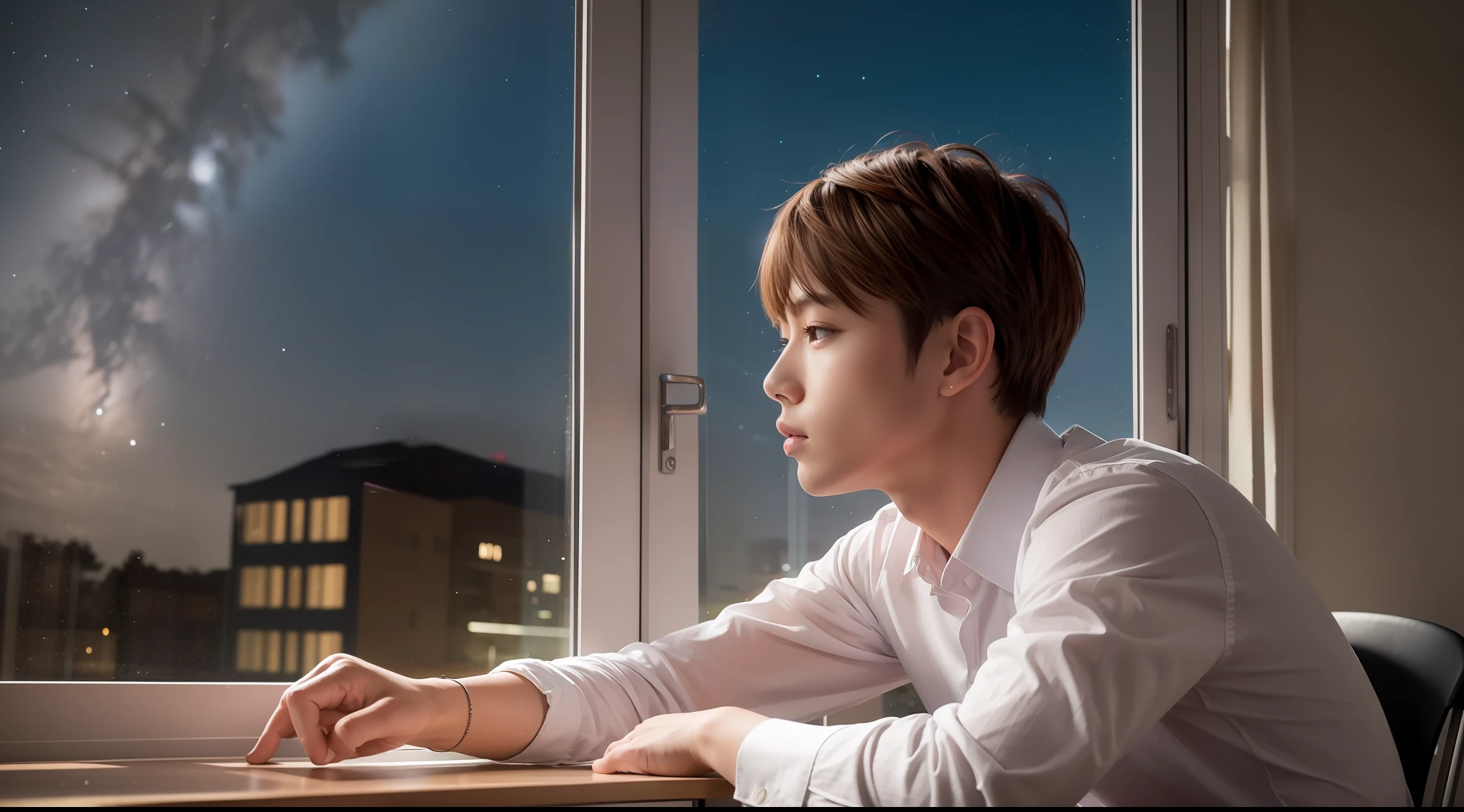youngman sitting at the classroom window,staring at the night sky,clear sky,starry night,8k,RAW,photo realistic