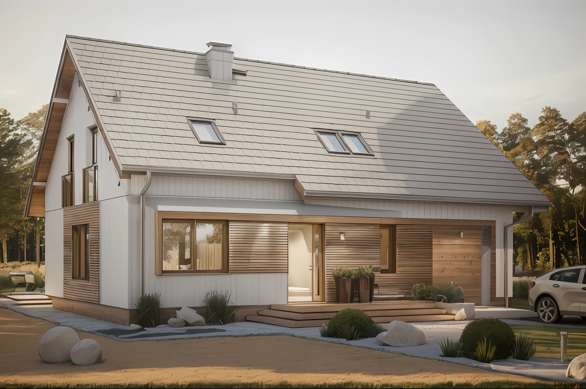 European cottage with panel roof sheet, brick wall cottage house, cottage house with pine wood decor, white wall, bright light, clear day light, (Super details), (intricate details), Master Vray, (masterpiece), (extremely intricate:1.3), ((realistic)) sharp focus, award winning, octane render realistic, unreal engine, volumetrics rtx, modern cottage exterior render, Corona render, a rendering of a small house with a patio and a covered porch, high quality rendering, quality rendering, passive house, bright render, contemporary house, crisp smooth clean lines, beautiful rendering, architectural rendering, exterior design, high-quality render, clean render, complete house, simple gable roofs, beautiful render, concept house, house and home, pristine and clean design