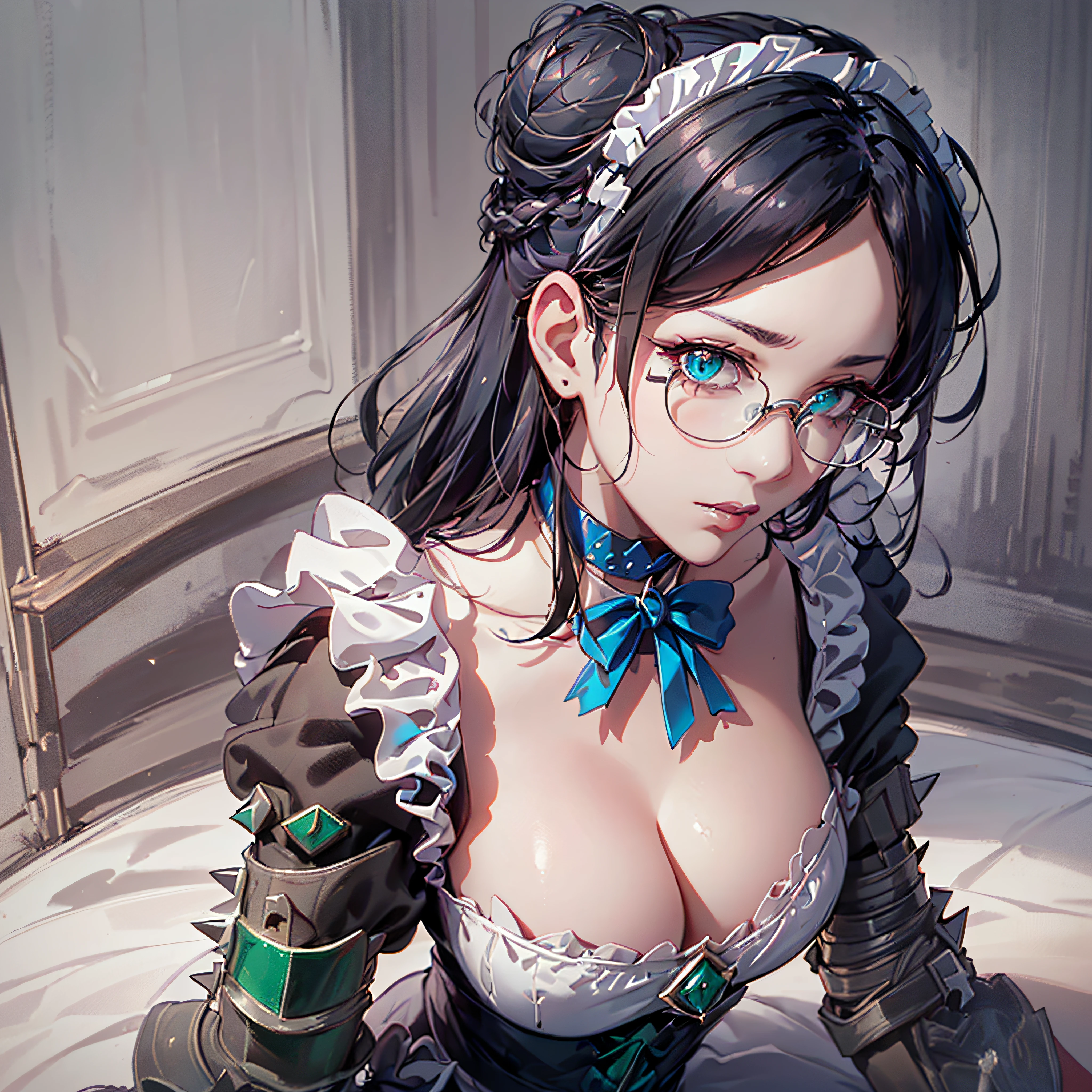 (1girl, yuri alpha:1.0), (anime overlord), (solo:1.4), (Maid_Dress), (64k, UHD, Raw photo, highes, Best Quality, mastepiece:2.0), (Ultra-fine depiction of details:3.0), (a serious, loyal, hard-working maid head, the vice-captain of the "Pleiades Six Stars", the battle maid squad of the Great Tomb of Nazarick), (a beautiful woman with an intelligent look), black hair, (elegant, vivid blue bowtie, ribbon:1.3), (green wristband), (She is equipped with highly elaborately designed, dark emerald green spiky gauntlets:1.5), (perfect face, perfect body, perfect figure, pink lips, slight blush), (cool, intellectual glasses), (slightly glowing blue eyes:1.3), (shiny sleek long hair, single hair bun, single braid bun, double bun), (silky, high-quality, majestic, gothic, ((low-key)), simple, maid dress:1.0), (vivid blue gothic style choker:1.3), (pure white maid apron:1.2), (gigantic breasts, almost brimming out of maid dress:1.2), (sexy cleavage:1.1), inhouse, studying the orders issued by the master of [the Great Tomb of Nazarick, Ainz Ooal Gown], the room is filled with solemn atmosphere, (long shot, full body shot), (perfect lighting,)