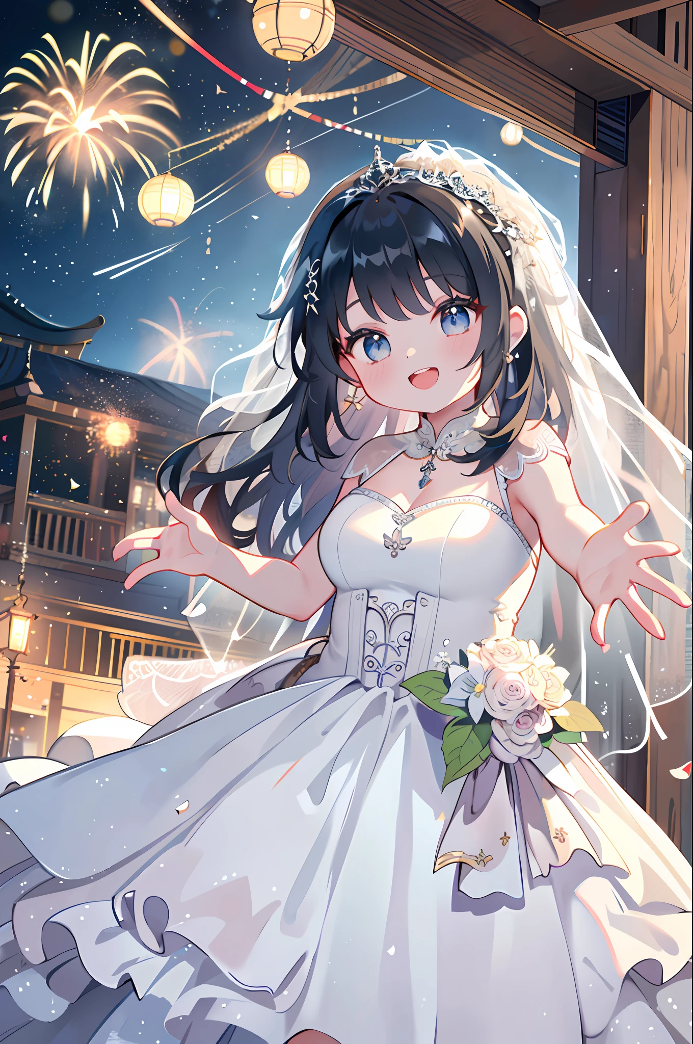 1girl in, {{Bokeh}}, ((High resolution of the highest quality)), Hand Focus, Looking back, Looking at Viewer, (Hand Focus), ceremonial hall, (((elementary student))), Fireworks,((messy long hair)),((A smile with a slightly open mouth)),((medium breasts)),(((wedding dress))),(((outstretched hand))),[[[[Fused fingers]]]], [[[[mutated hands and fingers]]]]