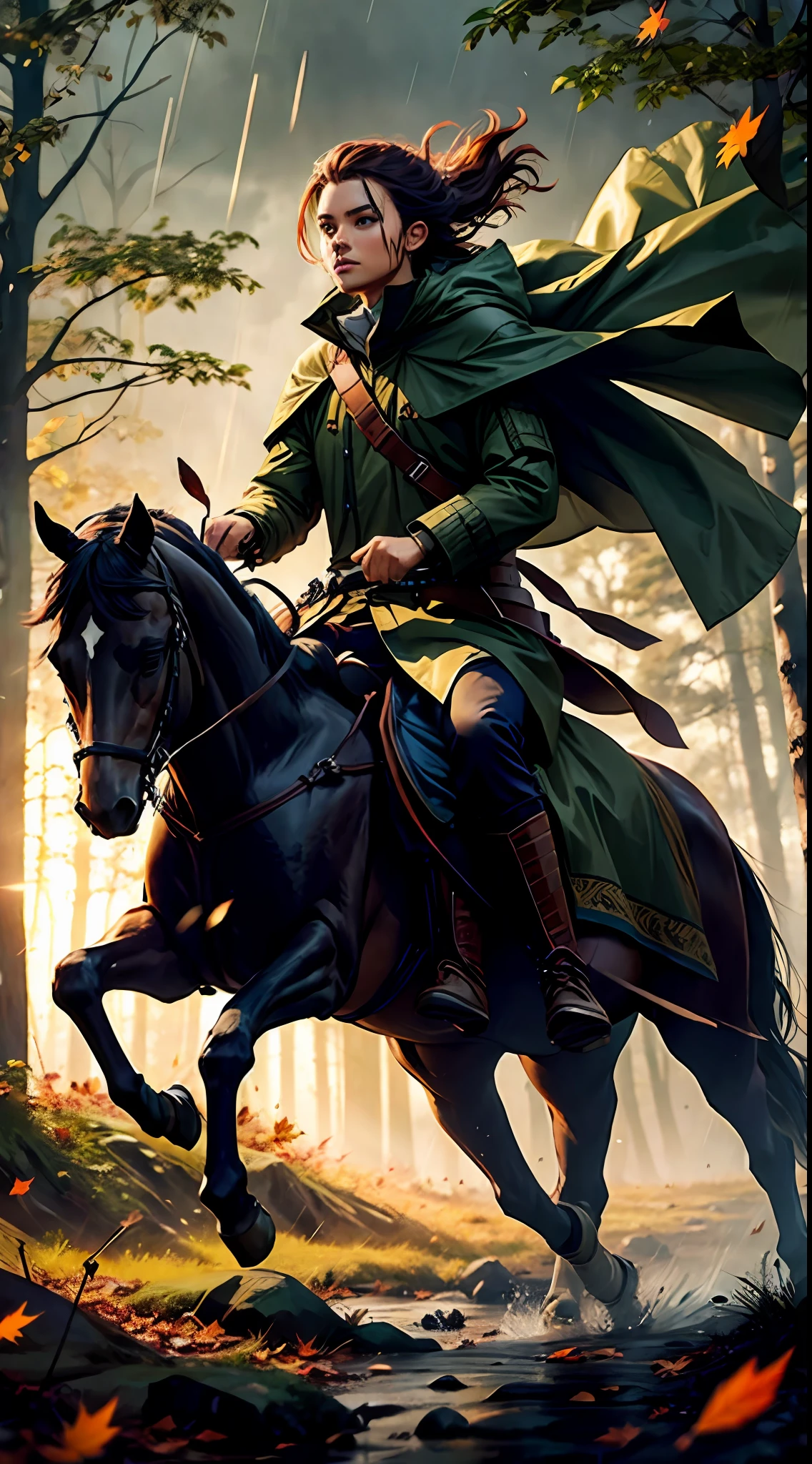 A warrior,wearing rain coat,Riding a horse,The background is woods,falling leaf,