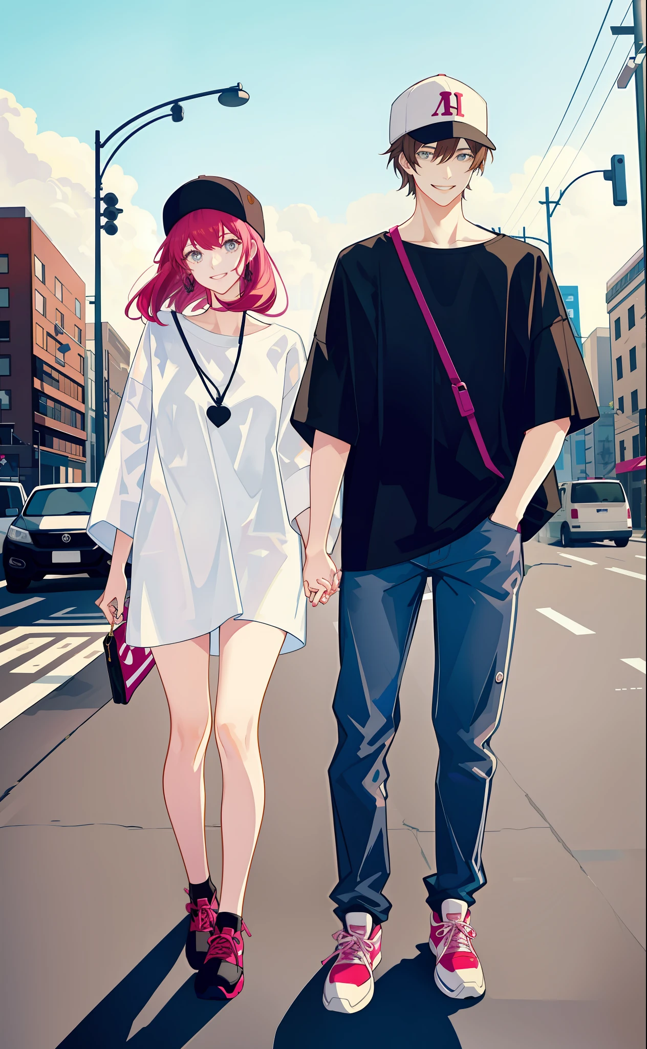 masterpiece, best quality, 2others, couple, 1man with 1woman, Height difference, happy, love, smile, casual clothes, oversized shirt, different fashions, modern urban street, holding hands, hat