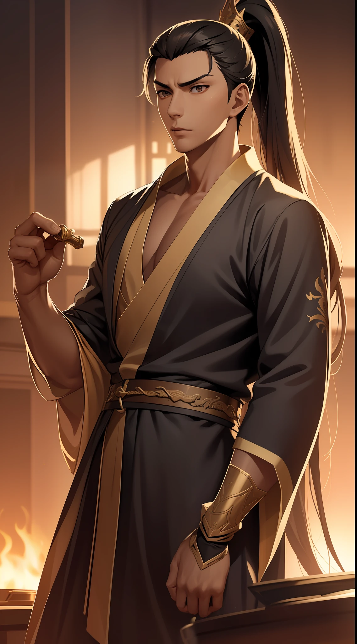 quadratic element，style of anime，mtu（Male Warrior），The proportions are correct，Face details，swordsmen，High ponytail hairstyle，Neck details，There is an Adam's apple，Black Hanfu，kaftan，black toga，clothes details，Handing over，longer sleeves，Game quality，Swordsmanship，Light and shadow tracking，Ray traching，detailed glow，cg render，hair detail，cabelos preto e longos，Black ㇏ eyes，Handsome，Handsome，（juvenile sense），Clothing is complicated，Perfectcomposition，Refinement，high qulity，higher details，Lots of details，The background is complex，a sense of atmosphere，