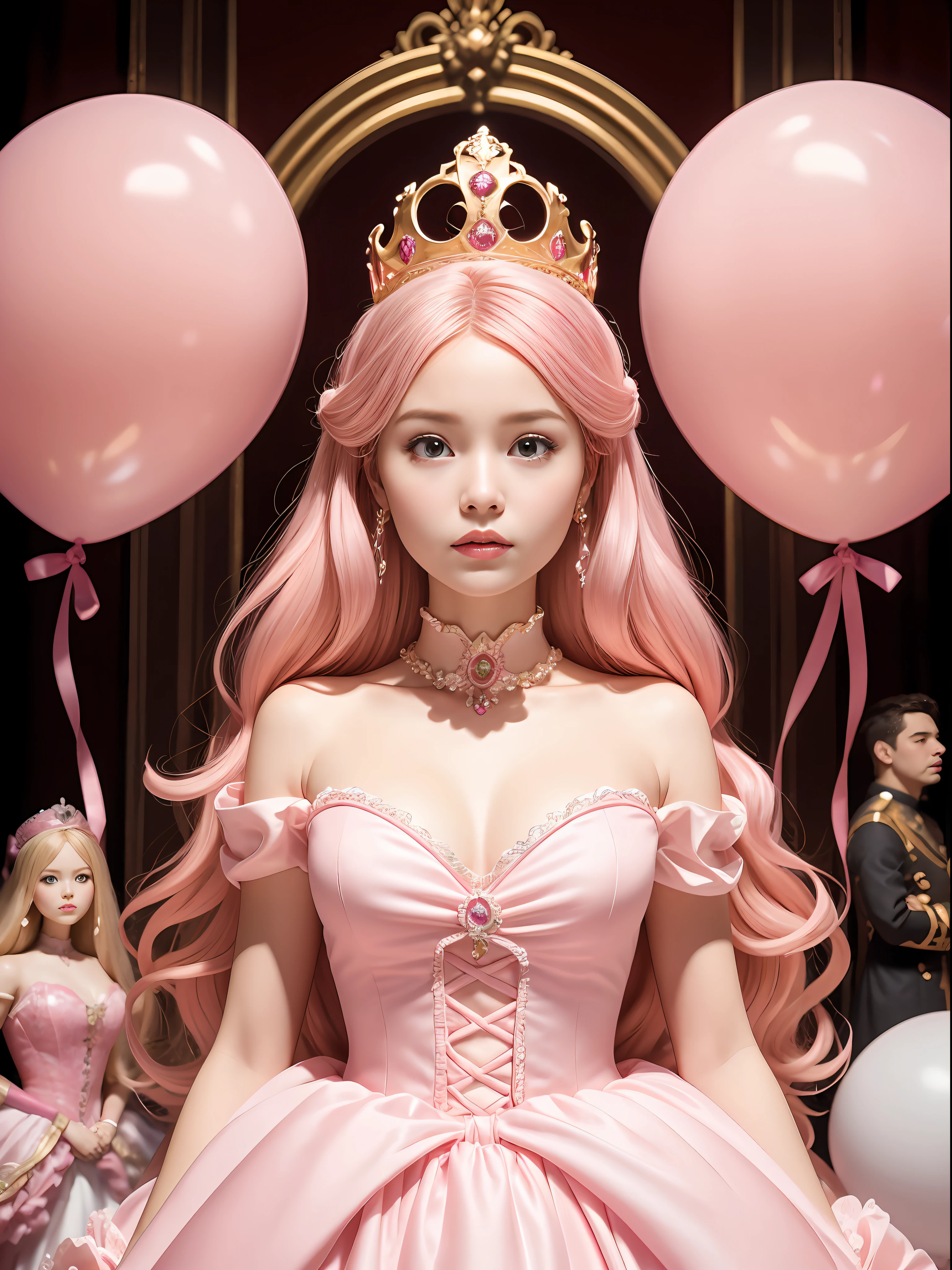 A Barbie princess wearing a lovely pink lightweight dress, wearing a beautiful crown, an indoor photography of a labyrinth of monumental, inflated pink balloons, an art installation by Martin Creed, ((Full body shot)), pink background, delicate face, white skin, delicate facial features, perfect facial features, delicate hair portrayal, delicate eyes portrayal, 8k picture quality, atmosphere sense, the highest quality, masterwork, extreme detail, high resolution, blurry foreground, foreshortening, high quality, Masterpiece, best quality