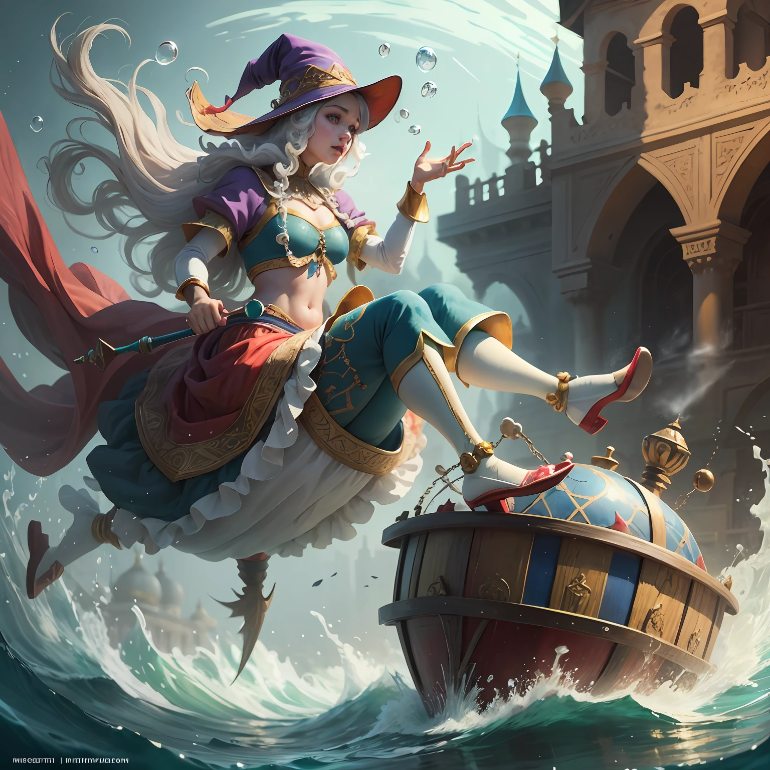 Arabian tale from the 1400s, Merry moving fish. On the head is a hat-cylinder. In a clown costume. Riding under water on a children's tricycle. Juggles with air bubbles. Full length closeup portrait in Disney Pixar style, super realistic, cinematic, lots of details, dark blur fantasy background --auto --s2
