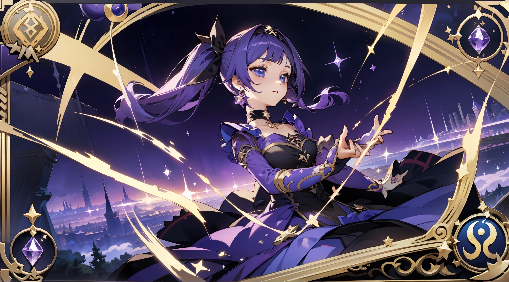 (1 girl), illustration, Mona \(Genshin Impact\), choker, star \(symbol\), witch, blue eyes, shining eyes, dark purple hair, dark purple hair, ponytails, earrings, white apron, purple dress, gold jewelry, landscape, night, magic, fortune teller, cards