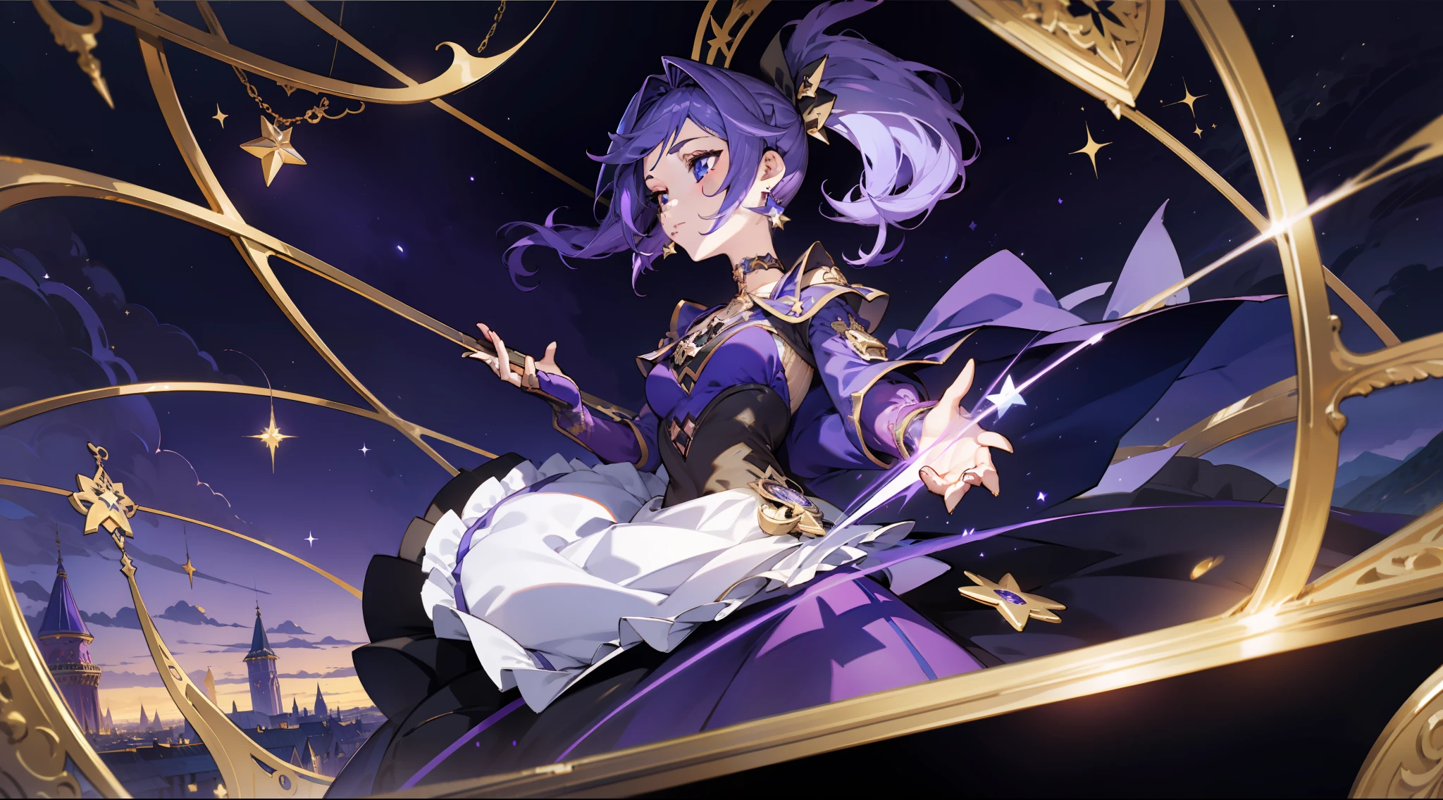 (1 girl), illustration, Mona \(Genshin Impact\), choker, star \(symbol\), witch, blue eyes, shining eyes, dark purple hair, dark purple hair, ponytails, earrings, white apron, purple dress, gold jewelry, landscape, night, magic, fortune teller, cards