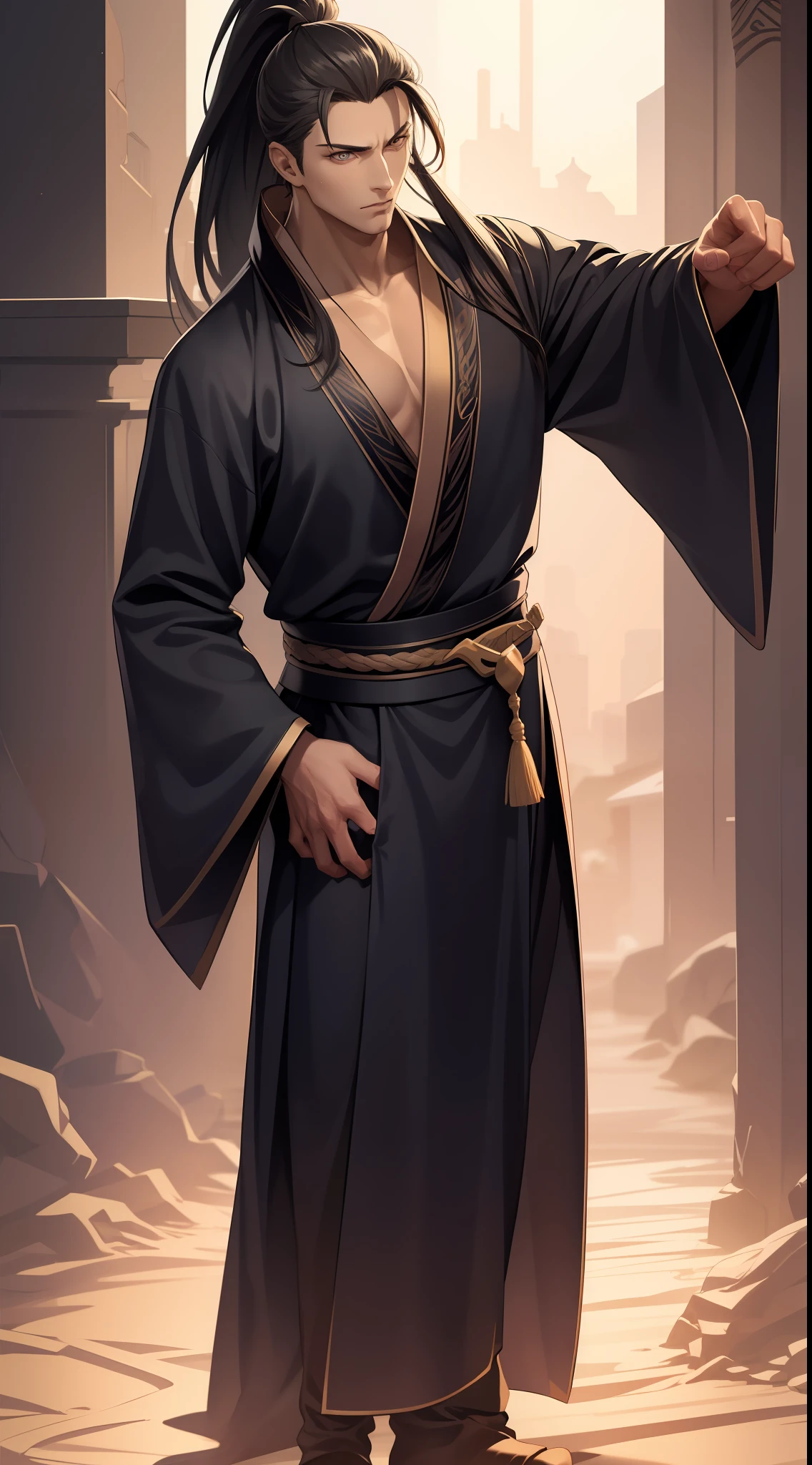 quadratic element,style of anime,mtu(Male Warrior),The proportions are correct,Face details,swordsmen,High ponytail hairstyle,Neck details,There is an Adam's apple,Black Hanfu,kaftan,black toga,clothes details,Handing over,longer sleeves,Game quality,Swordsmanship,Light and shadow tracking,Ray traching,detailed glow,cg render,hair detail,cabelos preto e longos,Black ㇏ eyes,Handsome,Handsome,(juvenile sense),Clothing is complicated,Perfectcomposition,Refinement,high qulity,higher details,Lots of details,The background is complex,a sense of atmosphere,
