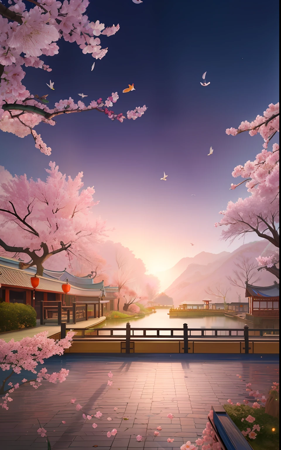 At dusk, green trees, willows flying, surrounded by blue water, small bridges and flowing water, antique color, floral fragrance, warm as jade, birds singing and flowers, water town paintings, leisurely, real photography, 16K resolution