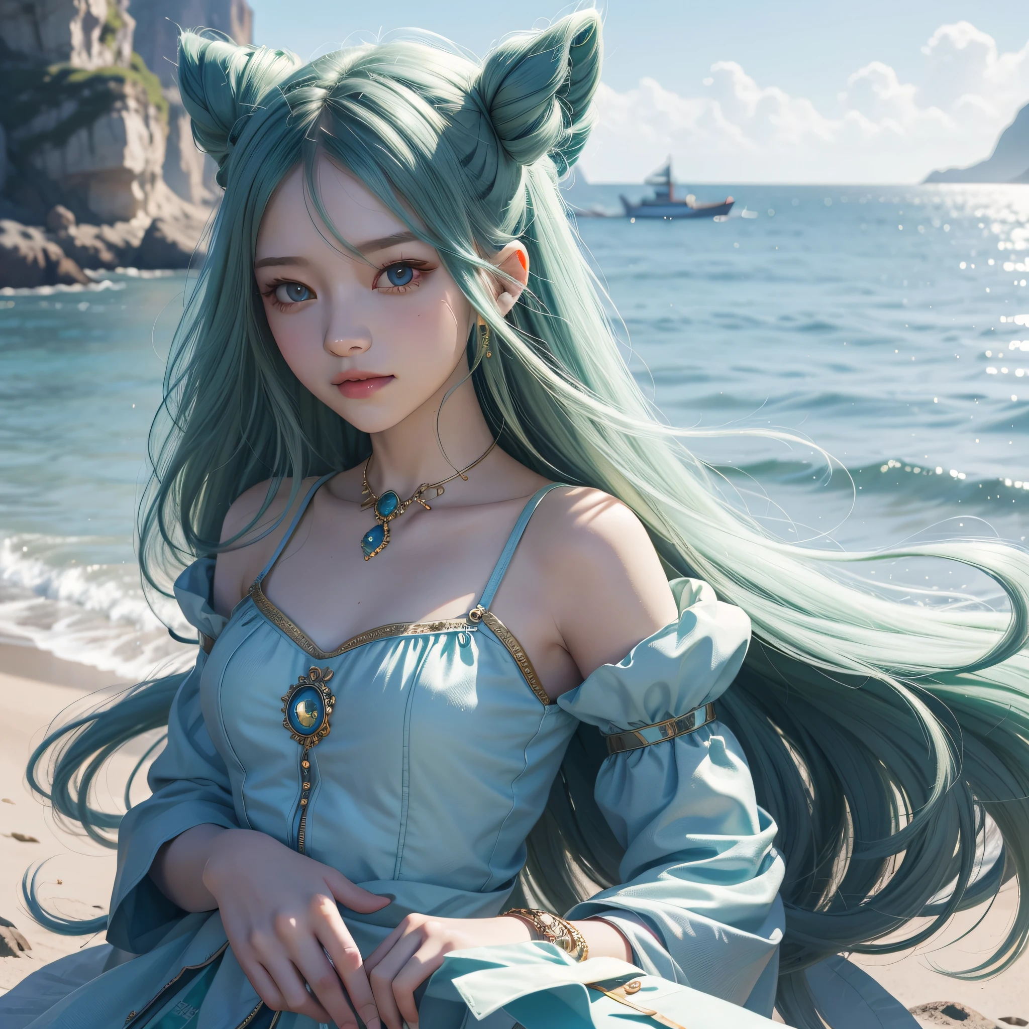 A beautiful girl with long hair，facial closeups，Little Shota，Highest image quality，Beautiful graphics，dingdall effect，largeeyes，long eyelasher，Green hair，blue skirts，Perfect facial features，Clear face，Delicate lips，ssmile，Clean and beautiful background，Gentle light，simplification，The character is centered，Seaside background 00 --ar 1:1 --q 4  --niji 5 --s 2