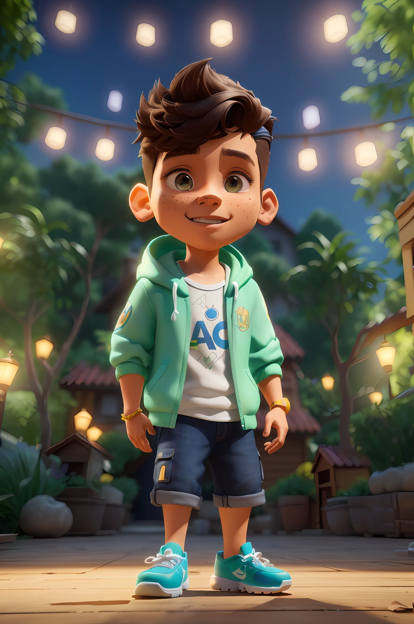 A closeup of a cartoon character standing on a wooden floor, Personagem pequeno. Motor Unreal 5, Arnold Maya render, animated film, maia 8 mil, 3 d animated movie, animation style rendering, 'Lucas', bonito 3 d render, Personagem 3D, Personagem 3D, animation film, Feito em Unreal Engine 5, Personagem 3d realista, Caractere estilizado,correndo