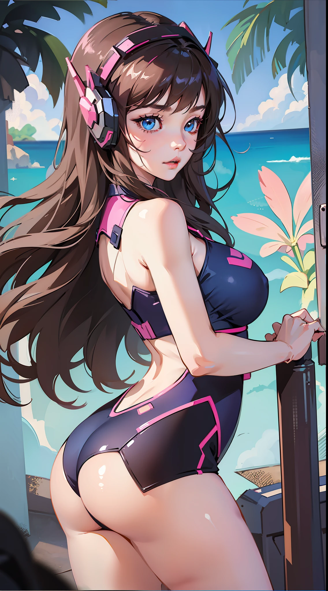 tmasterpiece,best qualtiy,8K,k hd,1girll,Human maiden,commiseration
d.va(Overwatch),12year old,Young,Chu Chu pitiful, gigantic cleavage breasts:1.3,Eyes sparkle,(glowing light eyes:1.233),比基尼,Raised sexy,did not wear underwear,(beautiful and detailed eye:1.1),Blushlush,beautiful beaches,swell sea,with blue sky and white clouds,Side view,Dynamic pose,upper legs,Behind the perspective,((Cocked buttocks,Hunched back)),(((cowboy lens)))