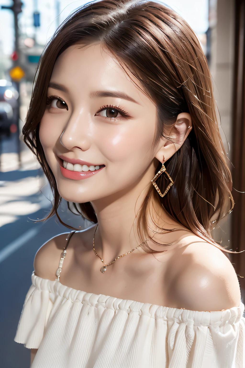 (masterpiece:1.3), high resolution, ultra detailed, extremely detailed CG unity 8k wallpaper, realistic, photo-realistic, RAW photo, beautiful detailed face, pale skin, realistic glistening skin, detailed cloth texture, detailed hair texture, Perfect Style, Beautiful Face, accurate, Anatomically correct, Highly detailed face and skin texture, natural neck length, (thin and beautiful fingers),
BREAK,
Detailed eyes, symmetric eyes, Brown eyes, Double eyelids, Thin eyebrows, (Glossy lips:1.4), (grin:1.2), (blush)
BREAK,
((Innocent and Cute girl:1.3)), ((wearing a off-shoulder White blouse:1.4)), (beautiful clavicle), (Gold strings belt), (skinny pants:1.2), (cross strap high heels:1.2),
(necklace, bracelet), (clutch bag over shoulder:1.2), (Thin hoop earrings), (pinky ring), (beautiful blue nails),
BREAK,
Layered Hairstyle, (brown hair:1.2), (wavy hair:1.2), medium long hair,
(large , firm breast,y shaped breasts:1.1),,
((Standing with clapping:1.3)), (in wide seaside street), (looking at viewer:1.2)
BREAK,
(Upper body shot:1.2), (Focus on face:1.2), (from side:1.1),