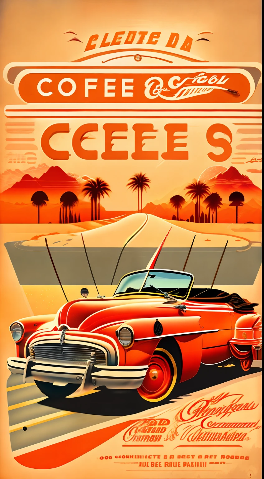 T-shirt design，vectorial art，There is a Route 66 in the United States，The road is long，There is a coffee shop on the side of the road，There is a convertible in the middle of the picture，There were three people in the convertible，The people in the convertible were dressed in rock costumes from the eighties，Orange-red tones