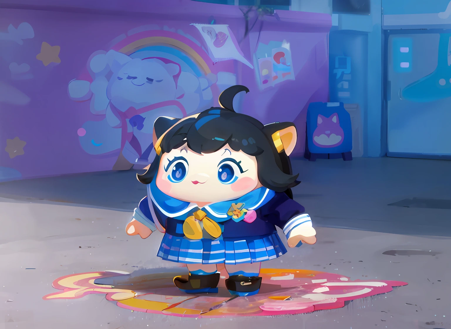 A cartoon character stands on the street, cute character, lunar themed attire, inspired by Ma Yuanyu, Magical school student uniform, animal crossing character, kawaii hq render, tchibi, render of a cute 3d anime girl, magic school uniform, 3D model of a Japanese mascot, character posing, inspired by Park Hua