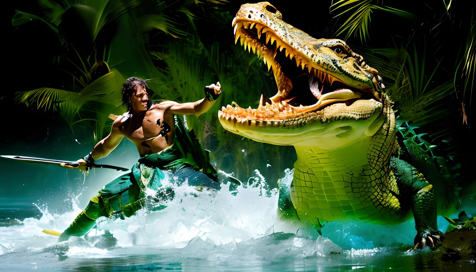 There was a man holding a spear and a very large crocodile in the water..., Stunning action photography, crocodile god lair, Fierce battles, Crocodile Loki, Photo management, Creative Image Management, Epic action scenes, As a reptile warrior, Atlantic Ocean., crocodile. shaman., jormungandr, Amazing shots..., Thrilling action movies, Impressive winning visuals, Epic Action Shooter