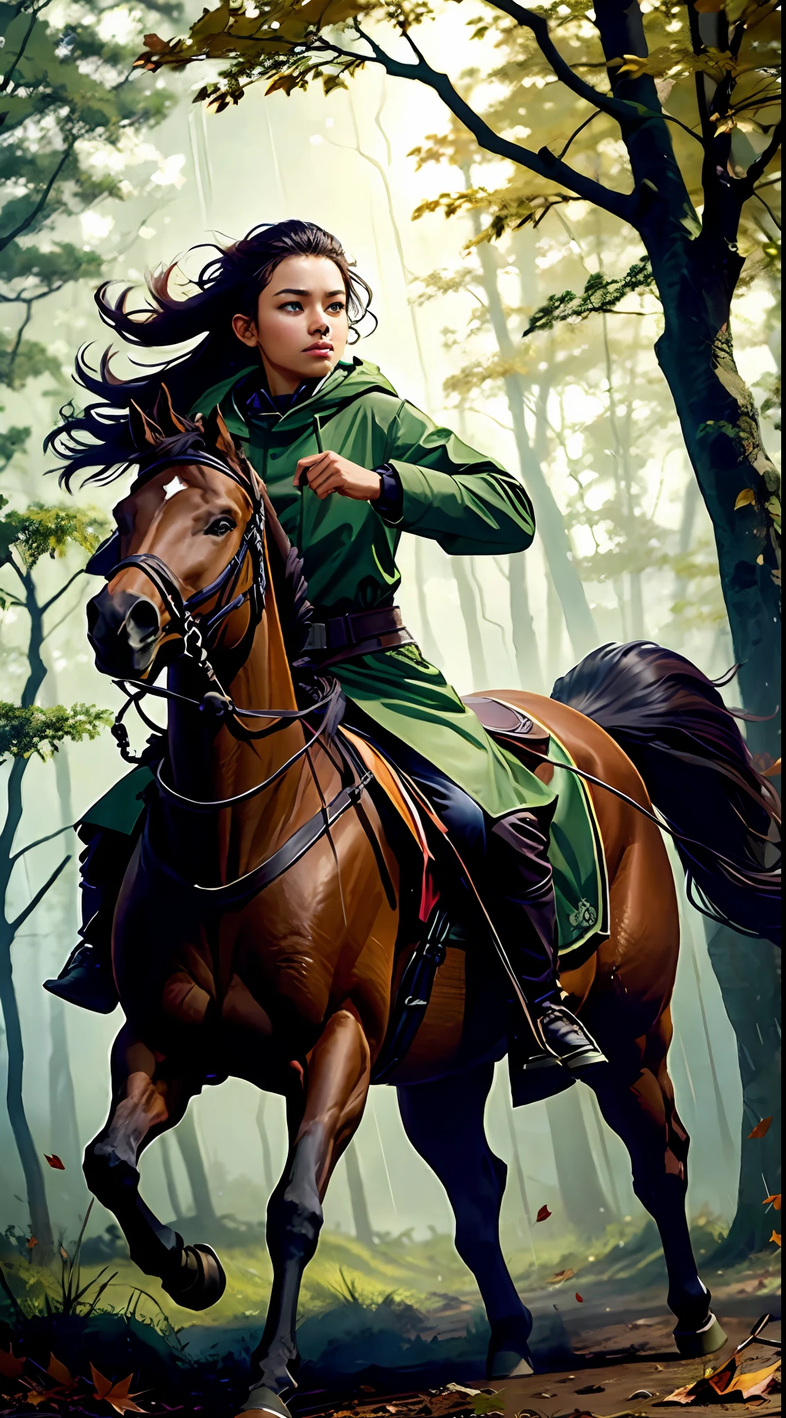 A warrior,wearing rain coat,Riding a horse,The background is woods,falling leaf,