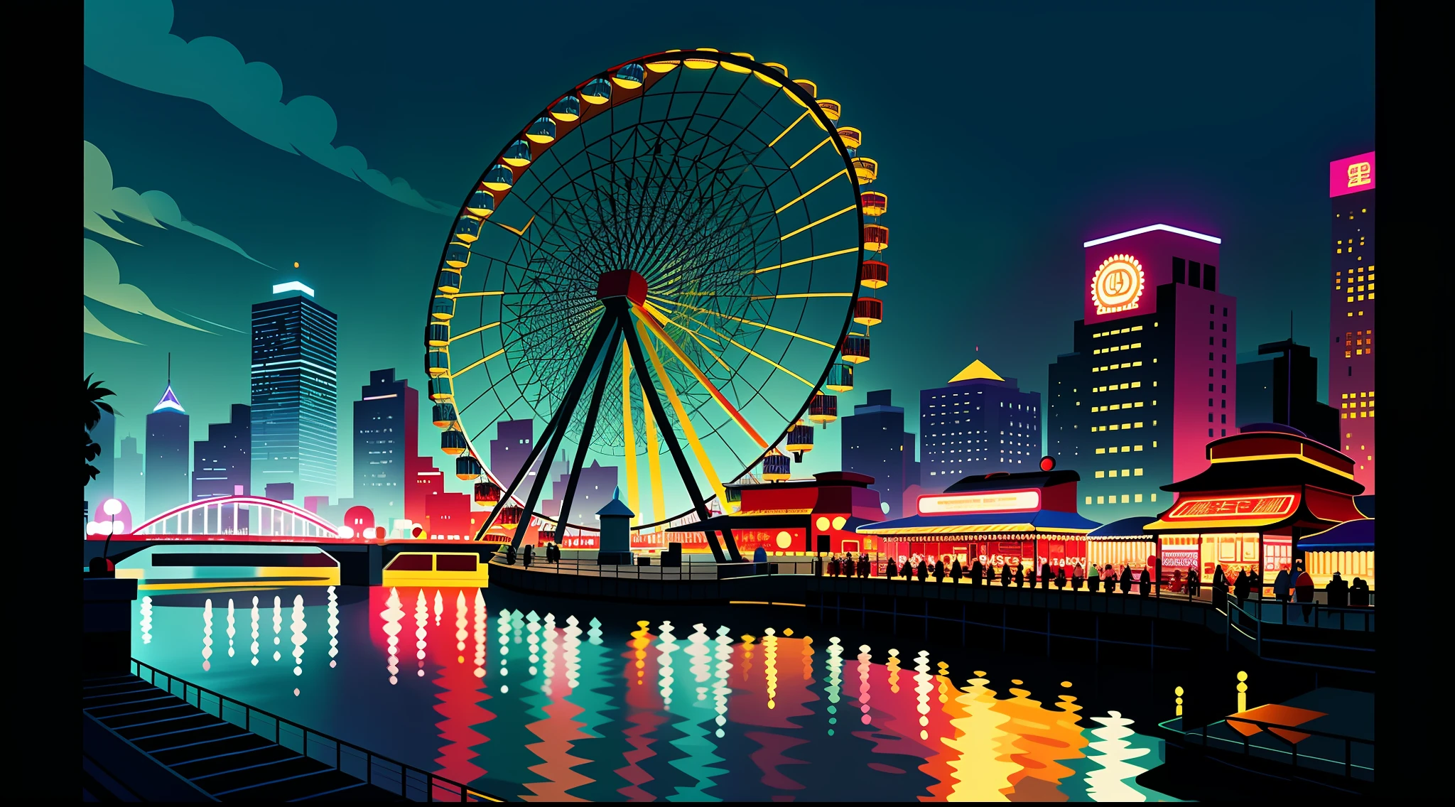 At night, Alafi in the city lights up the Ferris wheel, stunning digital illustration, Stylized digital illustration, ( Ferris wheel ), detailed digital illustration, Ferris wheel, A beautiful artwork illustration, Detailed 2D illustration, jen bartel, Beautiful digital illustration, 数字插图 -, Beautiful digital artwork, background artwork, 2. 5 d illus, 2d digital illustration, Digital illustration