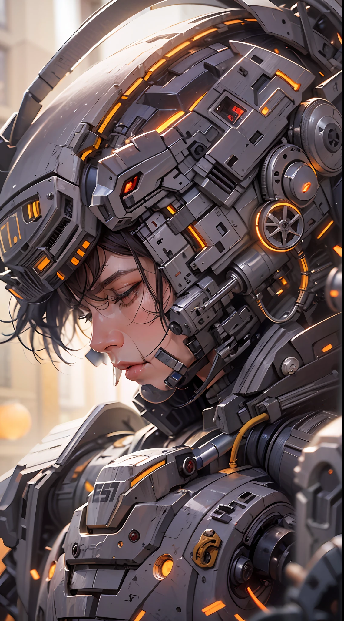 Portrait photo of muscular bearded guy in a worn mech suit, ((light bokeh)), intricate, (steel metal [rust]), elegant, sharp focus, photo by greg rutkowski, soft lighting, vibrant colors, masterpiece, ((streets)), detailed face