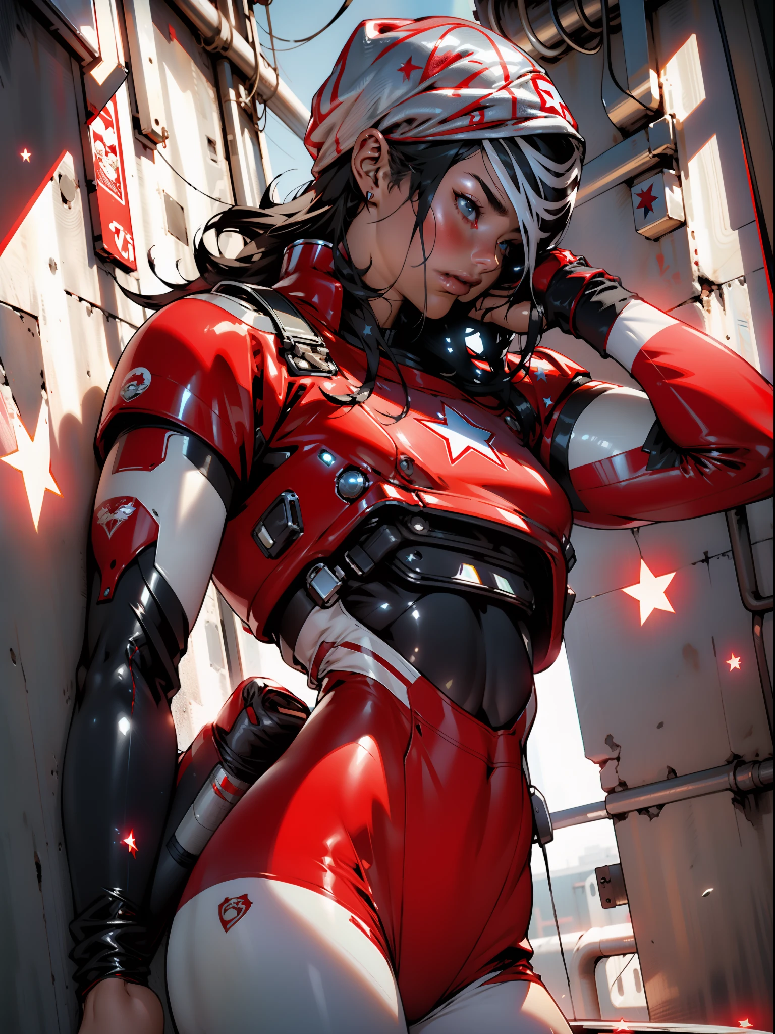 (((woman))), (((climber's cap)))), A 35-year-old muscular Russian warrior almost naked in the Simon Bisley style for the cover of Heavy Metal magazine, ((((tiny red thong))), black hair with white locks and a climber's cap, Minimum clothing, red and dark blue carbon fiber armor with silver stars, ((((red outfit with silver stars))),  (((short-cut)))), inside a spaceship, cyberpunk, tight suits, bio mechanical suit,