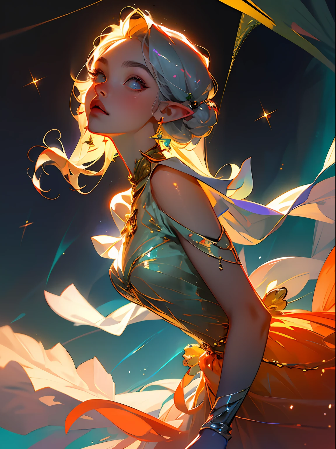 tmasterpiece,Best quality at best,超高分辨率,Fluorescent color,A boy with,Male elves,red colour,orange colors,amarelo,purpleish color, A young male,looking at viewert,beauitful face,beautidful eyes,(exposed bare shoulders:1.2),head looking up,The upper part of the body,The background is in the forest,shinny hair,shiny skins,Glowing cut,Hands are not shown:1.5,Silver starlight dress,Particle,As estrelas,cheerfulness