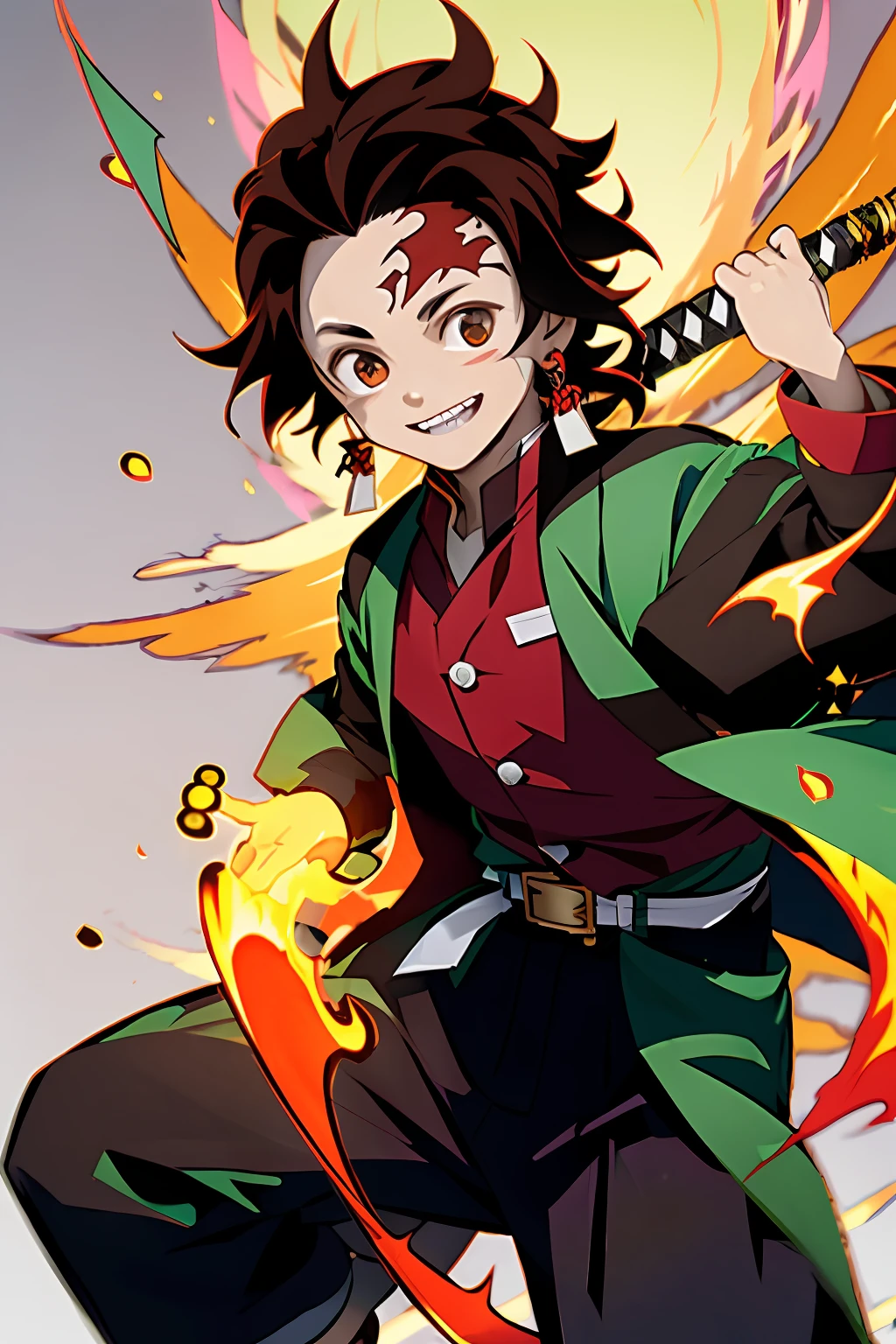 Kimetsu no yaiba style, Kamado tanjiro, demon killer uniform, 1boy, male focus, scar on face, weapon, scar, earrings, teeth, jewelry, pants, scar on forehead, brown hair, belt, black pants, japanese clothes, haori, green haori, solo, red eyes, long sleeves, anime coloring, (((masterpiece)), happy face, fire, japanese sword,