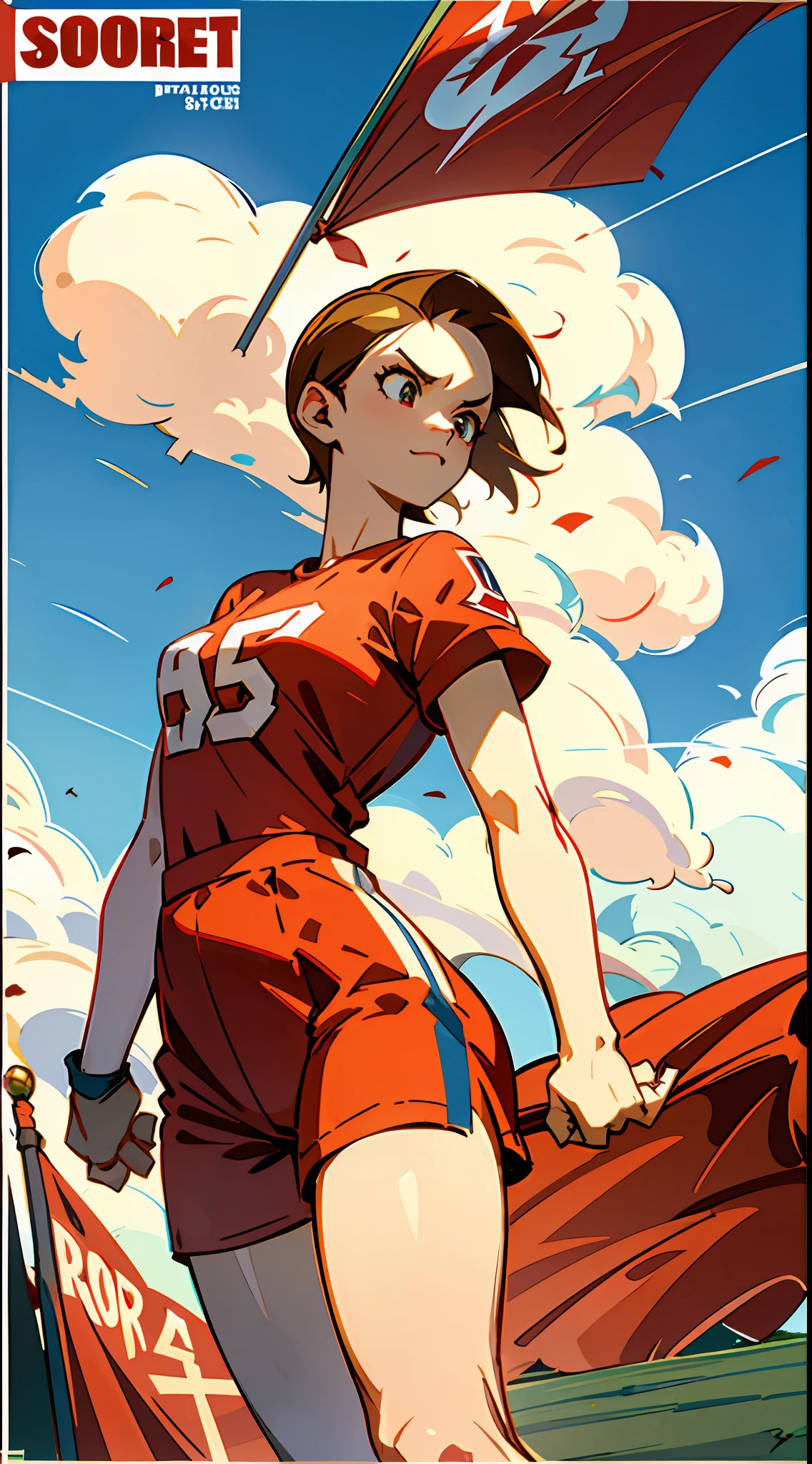 promotional poster，wide wide shot，Big scene football field，Kick football action，Dress in red，Top red short sleeves round neck，Red shorts on the bottom，Determined eyes and expressions，flatchest，ssmile，Short hair，Half-naked arms，The flag，Football field building，Colored lawn，with blue sky and white clouds