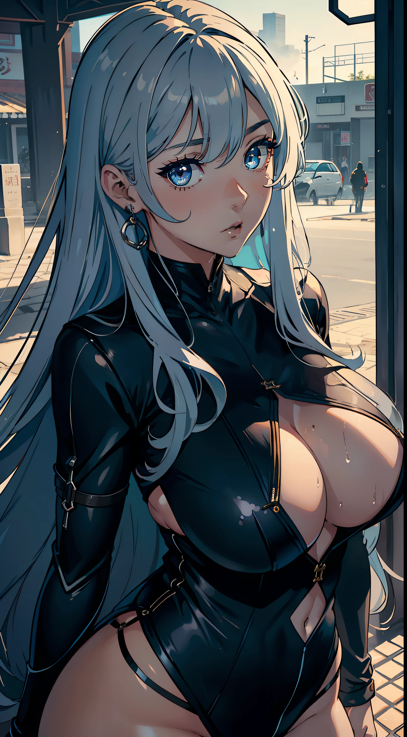 1female, old,Huge breasts, 独奏 ,oestrus,liquid clothing, Pornographic exposure,at winter season, She has long flowing hair, ,Bigchest, From the front side, Wet straight hair, Sweating profusely,,(((tmasterpiece),(Very detailed CG unity 8K wallpaper),best qualtiy,cinmatic lighting,detailed back ground,beatiful detailed eyes,Bright pupils,blue color eyes,(Very fine and beautiful),(Beautiful and detailed eye description),ultra - detailed,tmasterpiece,)),facing at camera,A high resolution,ultra - detailed),Very long hair,Emotive expressions,Open-mouthed,Chest sagging,extremely large bosom,Extremely colorful,Most detailed,fully body photo,The face is well lit,NOWAI