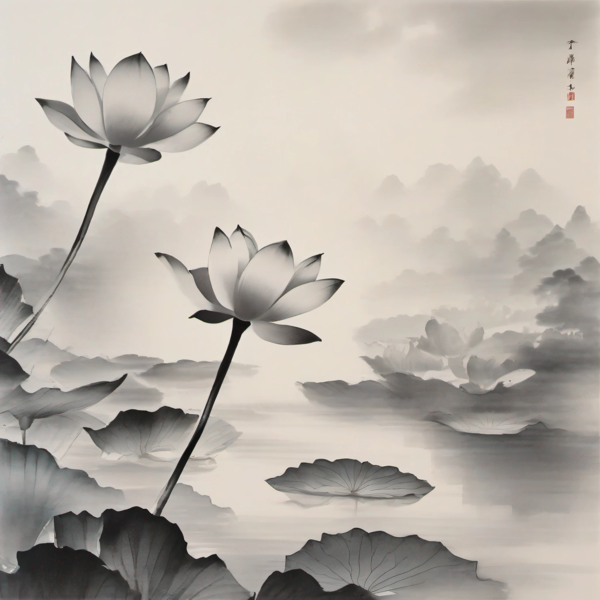 shukezouma,shuimobysim，lotuses flower，（Maximum amount of white space3:4），Negative space, view the viewer, Traditional Chinese Ink Painting, Song ，, (Masterpiece, Best quality:1.2)，8K，wuchangshuo，(ecchi0.5)，Leave white space