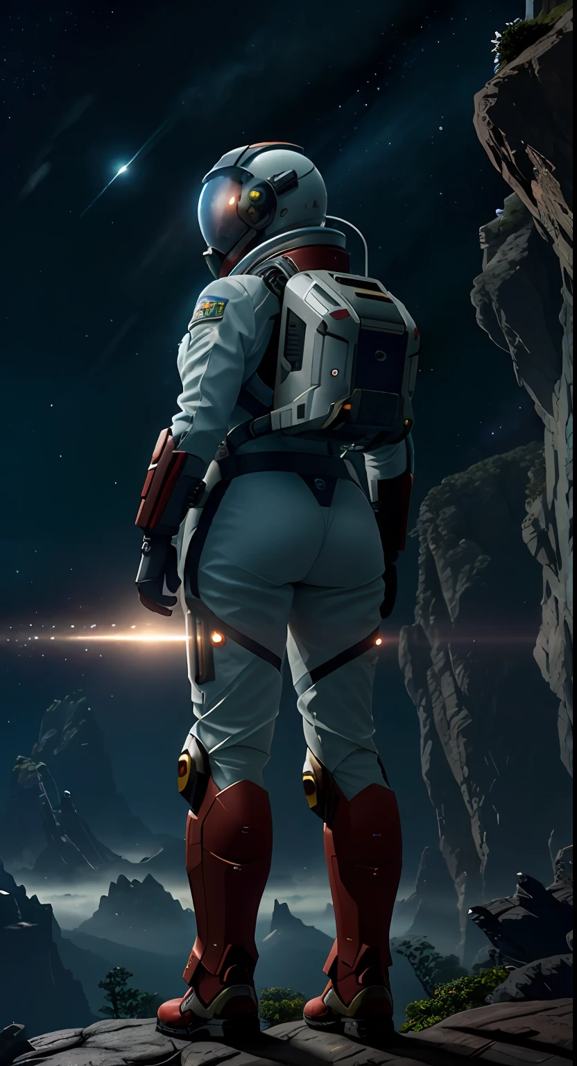 (35mmstyle:1.2), Highly detailed RAW color Photo, rear angle, full bodyesbian, af (Female space marine, Wearing a white and red spacesuit, futuristic helmet, Tin plated mask, Rebreathers, accentuated booty), Outdoors, (Stand on the cliffs of the tall Rocky Mountains, Gaze out over the magical lush green rainforest on an alien planet), vivd details, (Exotic alien planet), Toned body, big assa, (Sci-fi), (Mountains:1.1), (lush green vegetation), (two moons in sky:0.8), (Highly detailed, ultra - detailed, Intricate), (Lens flare:0.7), (full bloom:0.7), particle fx, Ray traching, Cinematic lighting, Shallow depth of field, photographed on a Sony a9 II, 35mm wide angle lens, Sharp focus, 《Gravity 2013》cinematic Film still from, Watching from behind, Dynamic Angle