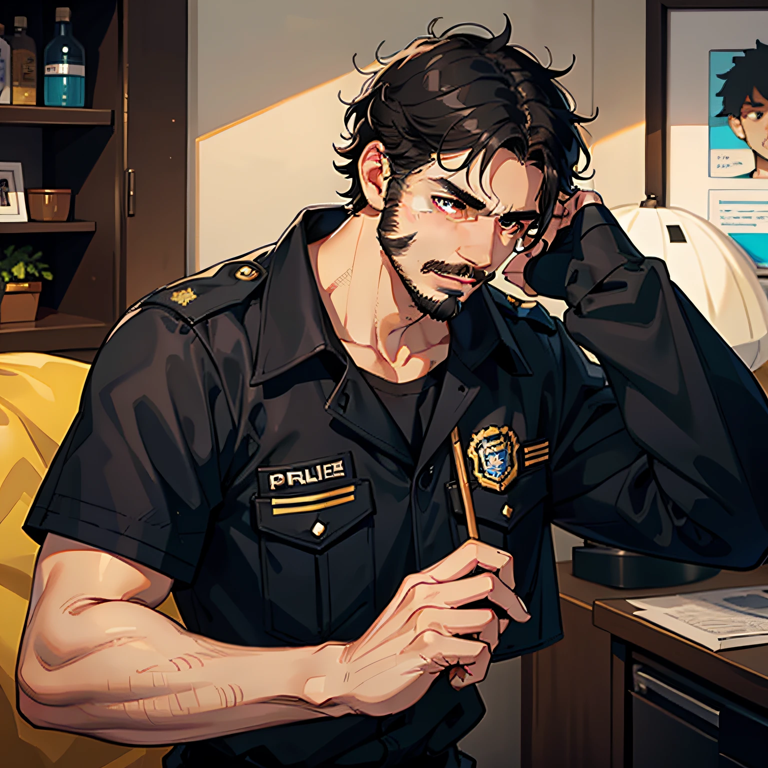 unshaven,male people,with short black hair,mtu,police uniforms,short mustache,Asian people,scruffy ,Hard hair
