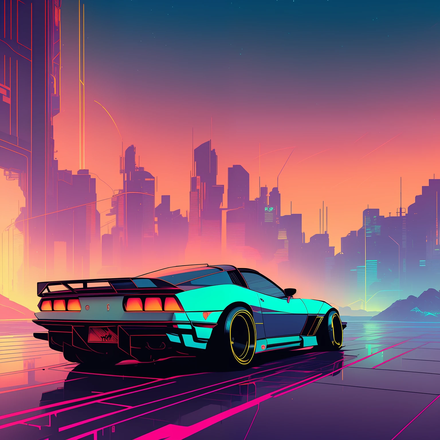 (nvinkpunk:1.2) (SNTHWVE style:0.8) Corvette, lightwave, Sunset, Intricate, Highly detailed