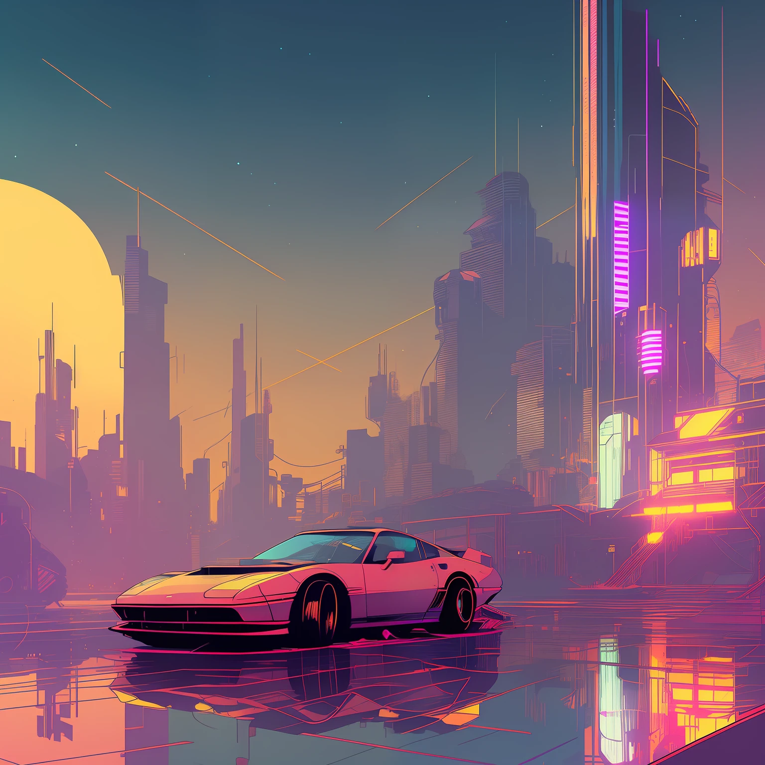 (nvinkpunk:1.2) (SNTHWVE style:0.8) Corvette, lightwave, Sunset, Intricate, Highly detailed